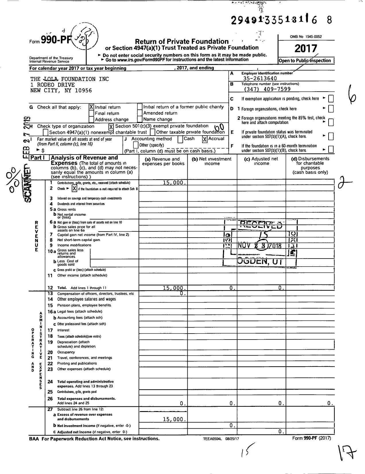 Image of first page of 2017 Form 990PF for The Lola Foundation