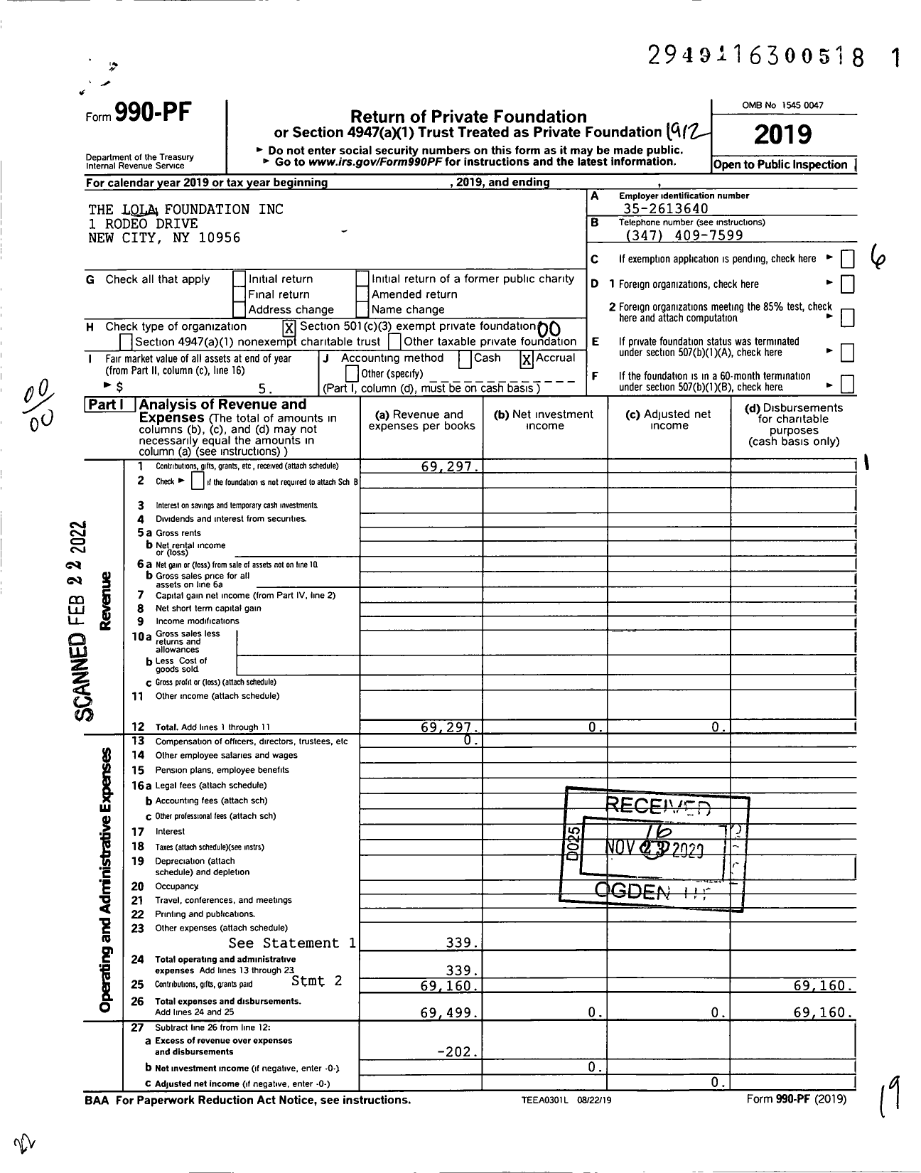 Image of first page of 2019 Form 990PF for The Lola Foundation