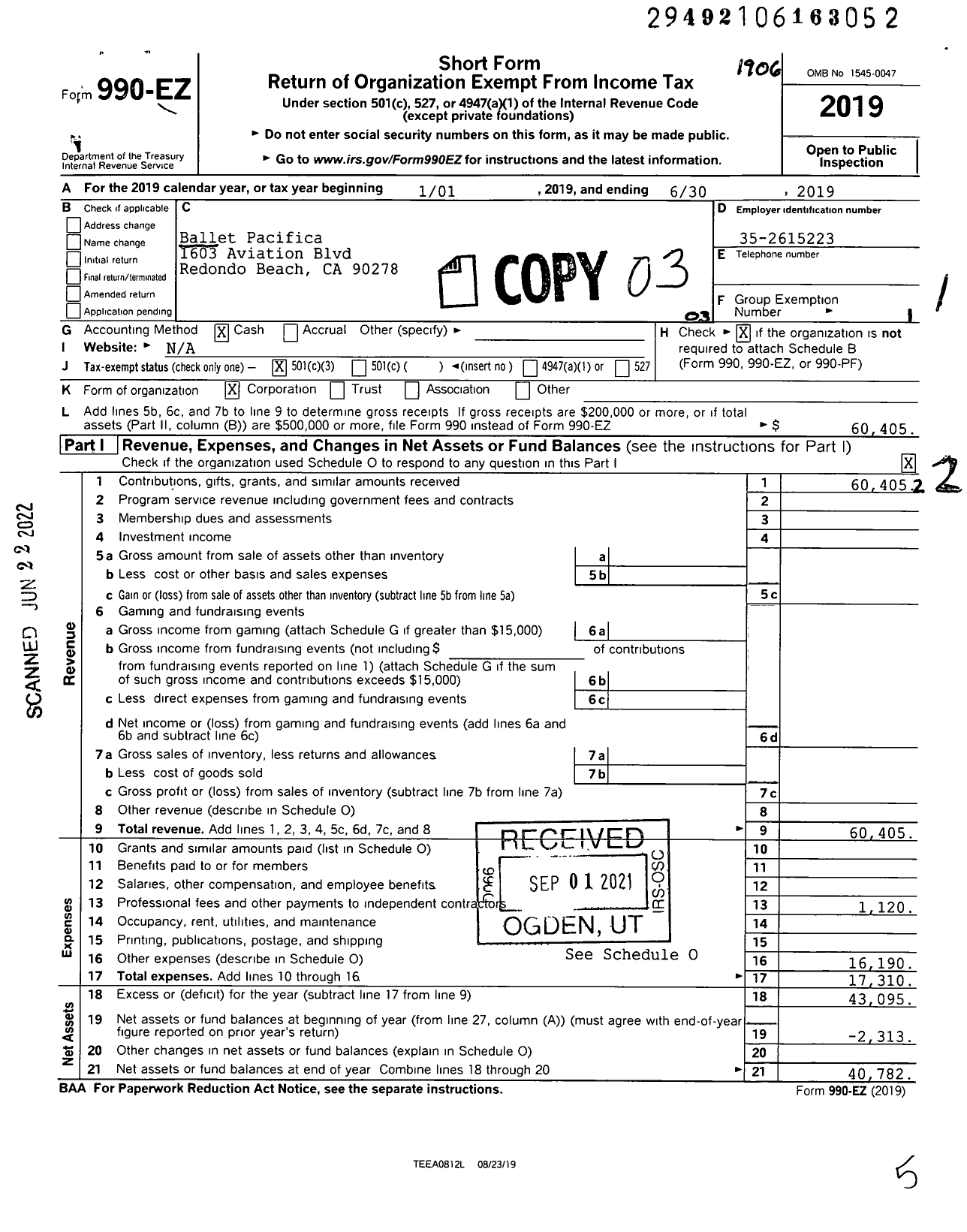 Image of first page of 2018 Form 990EZ for Ballet Pacifica