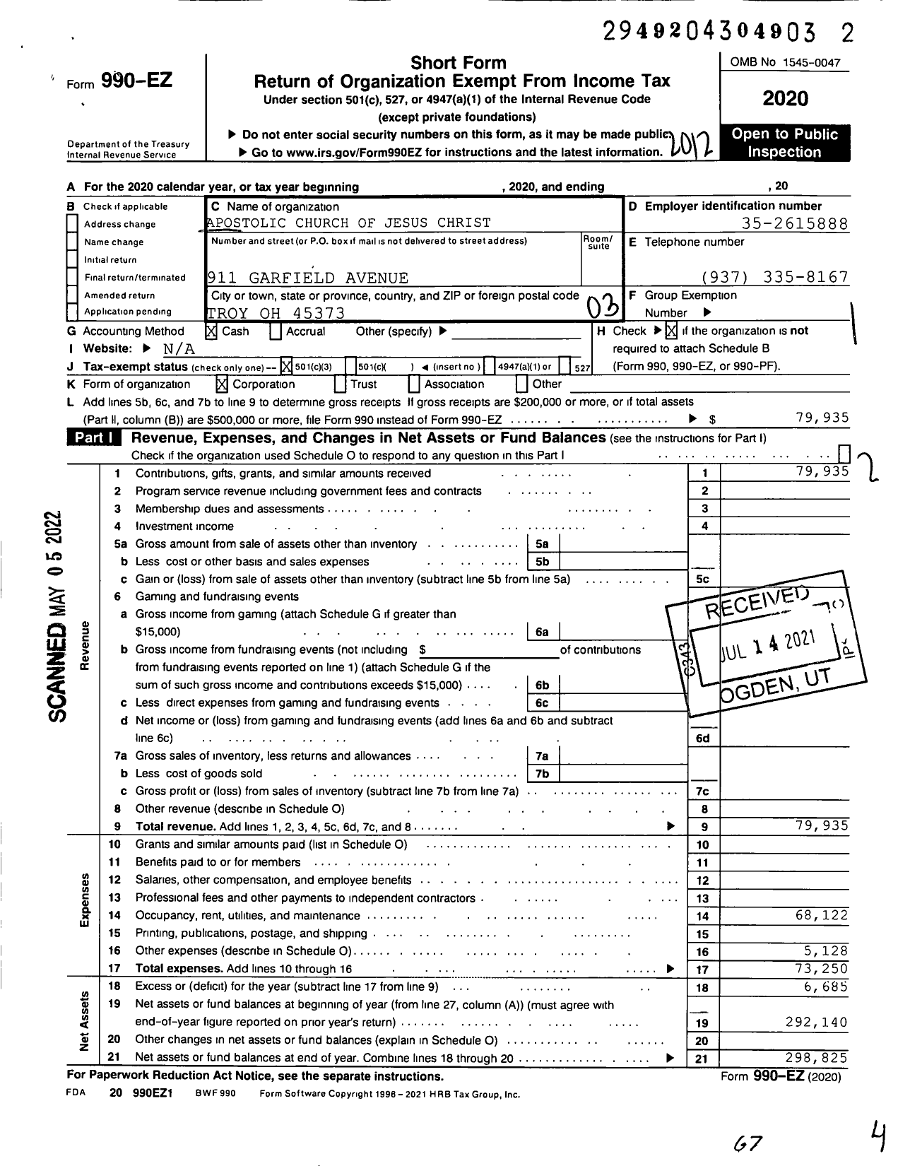 Image of first page of 2020 Form 990EZ for Apostolic Church of Jesus Christ