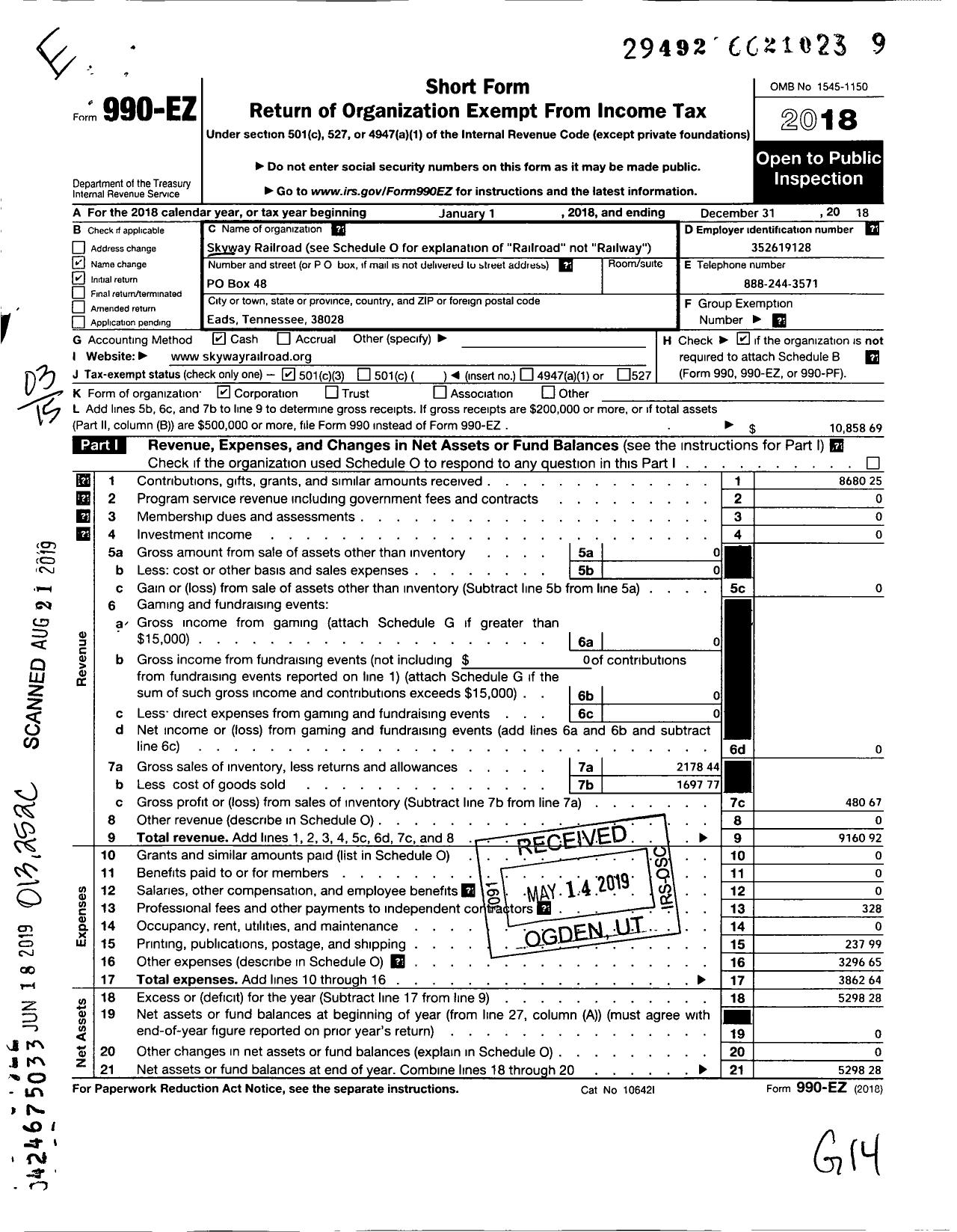 Image of first page of 2018 Form 990EZ for Skyway Railroad