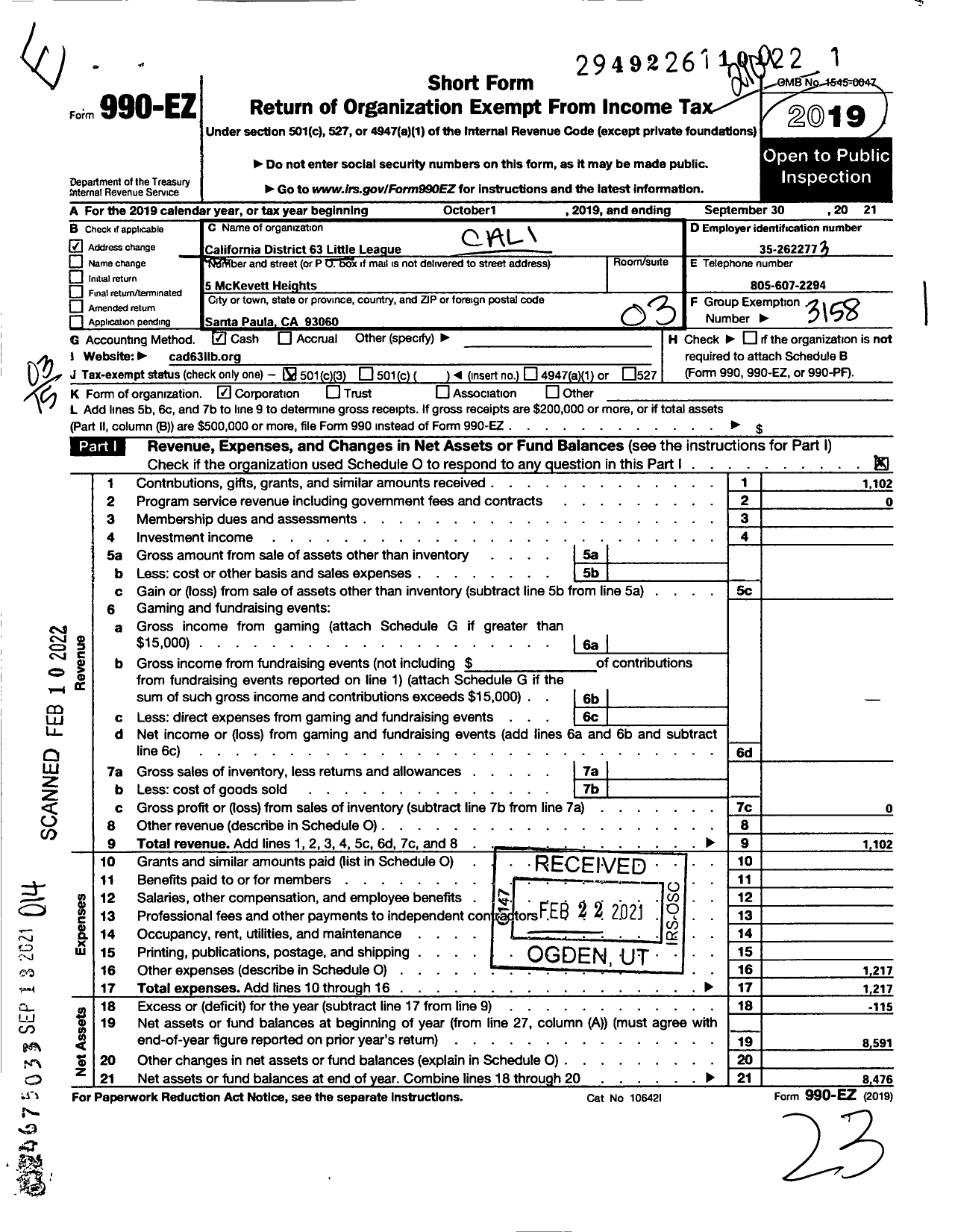 Image of first page of 2020 Form 990EZ for Little League Baseball - 4056300 Patrick Ramirez Iv