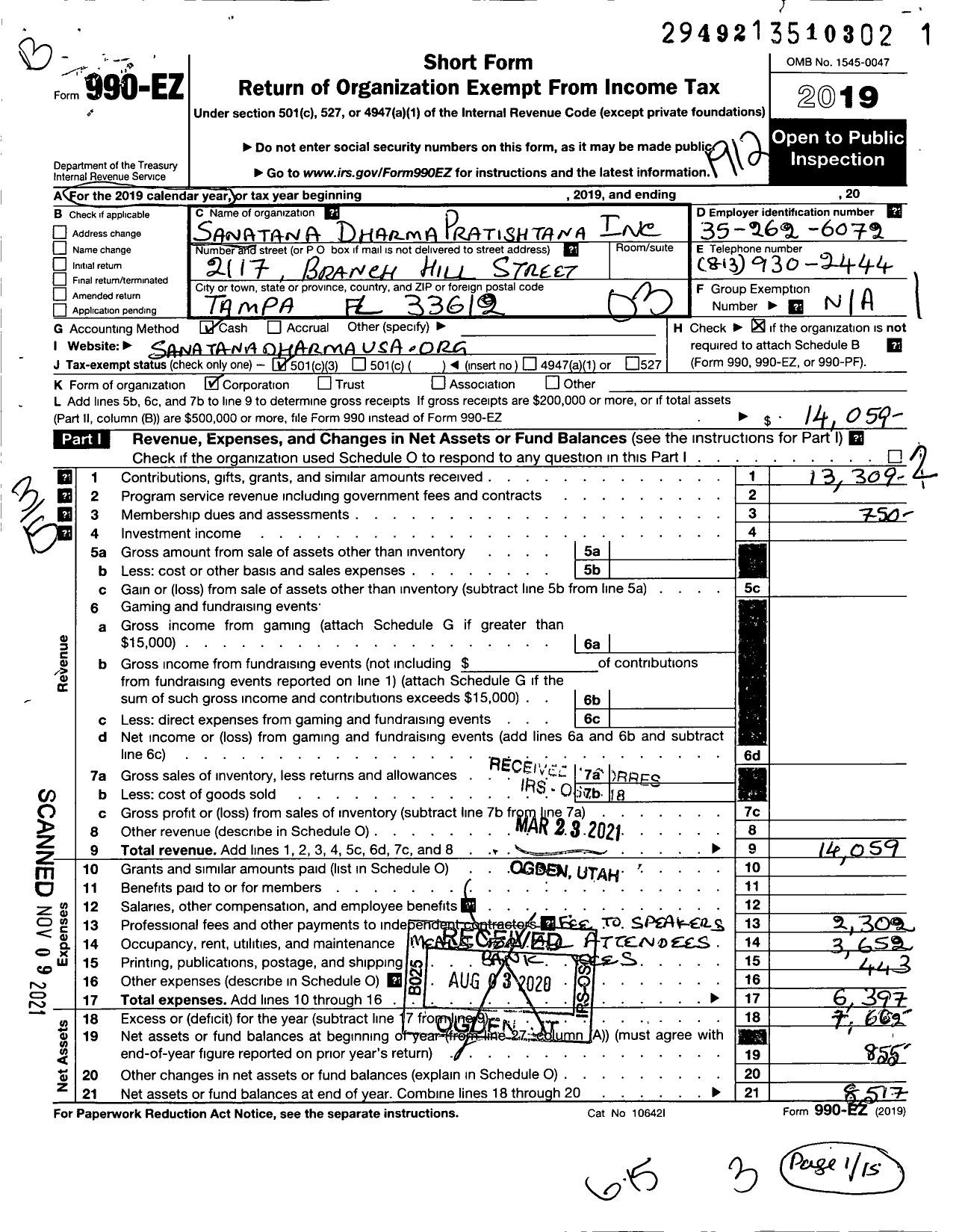 Image of first page of 2019 Form 990EZ for Sanatana Dharma Pratishtana