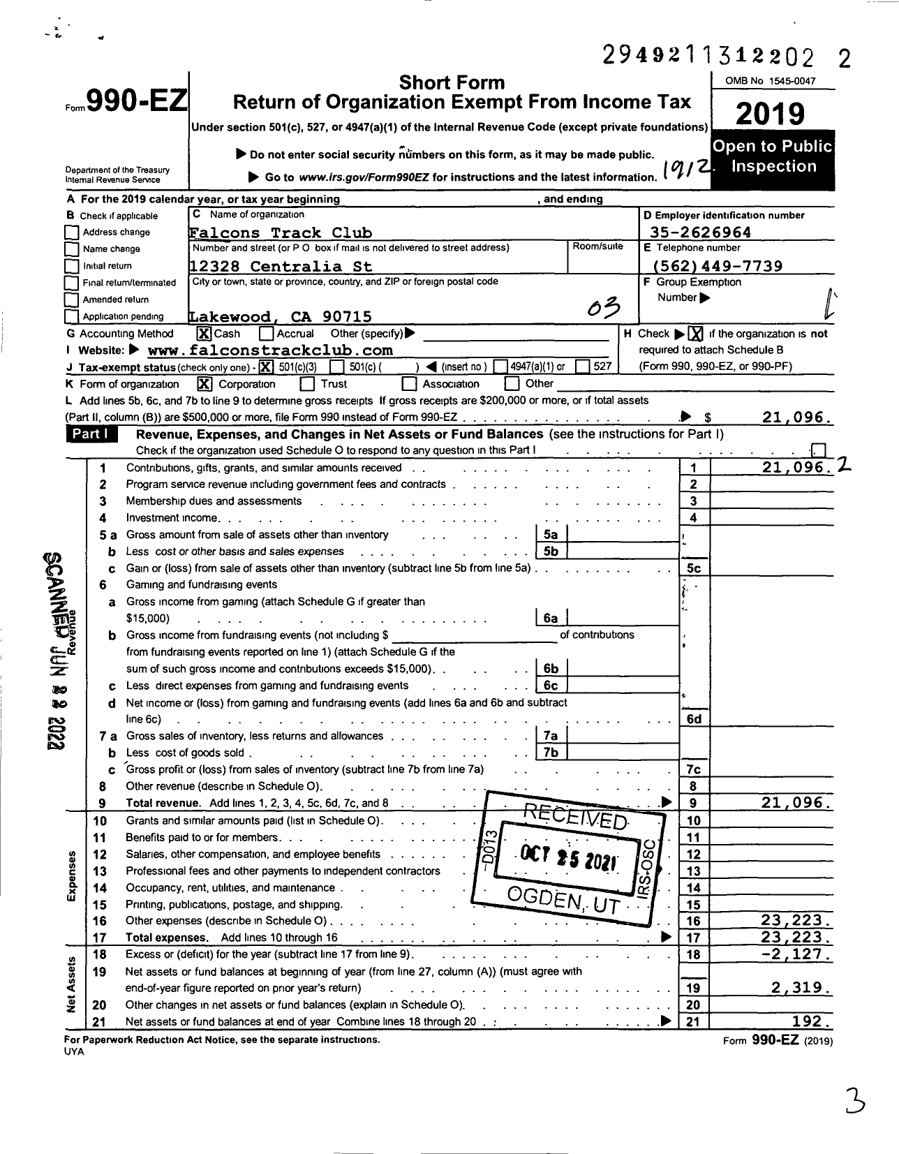 Image of first page of 2019 Form 990EZ for Falcons Track Club