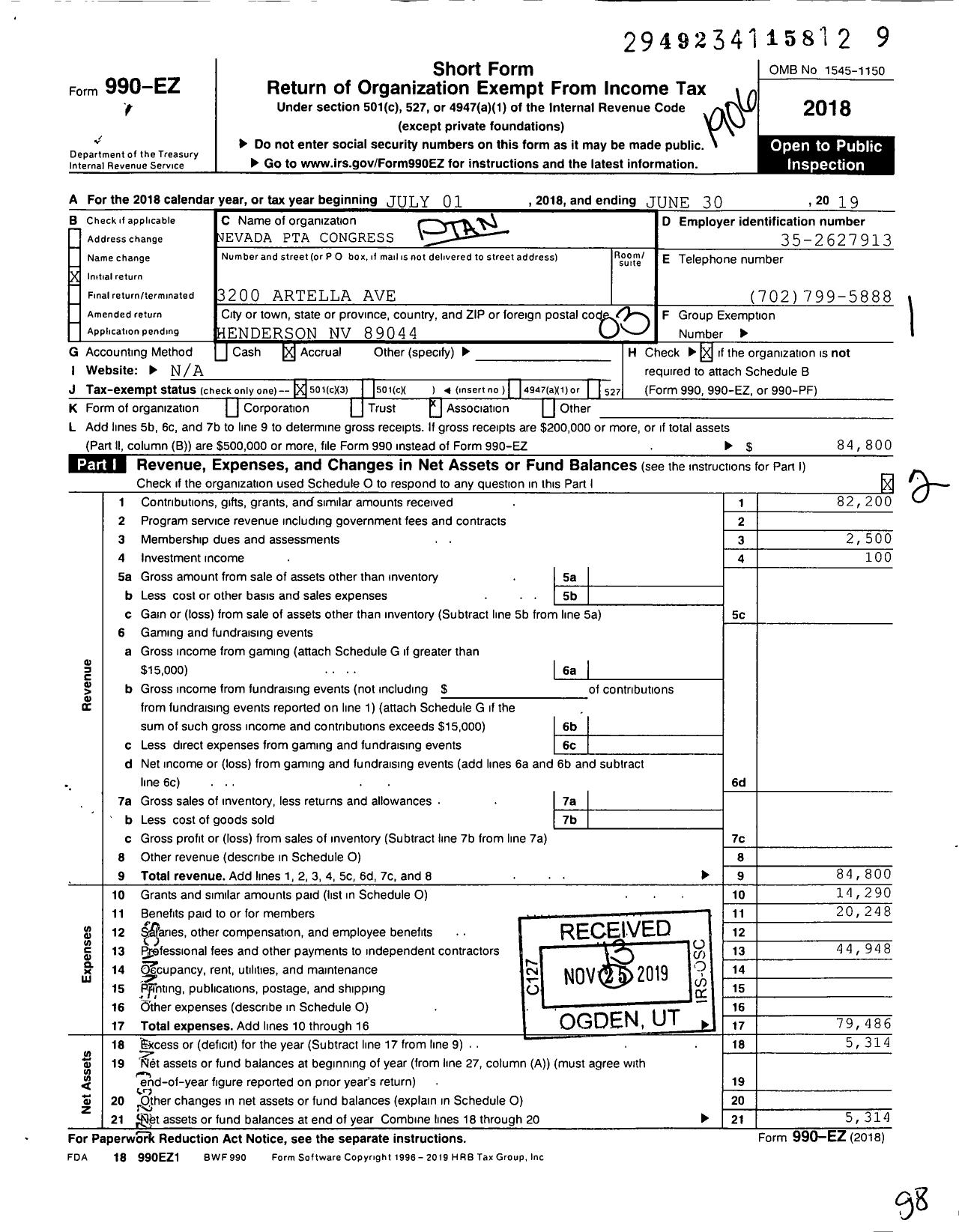 Image of first page of 2018 Form 990EZ for PTA Nevada Congress / Ellis Elementary PTA