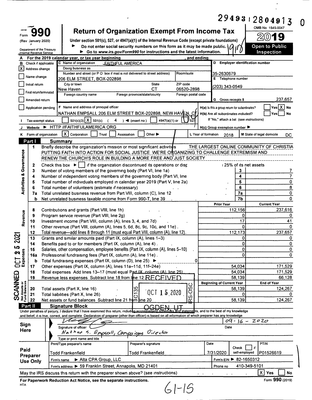 Image of first page of 2019 Form 990O for Faithful America