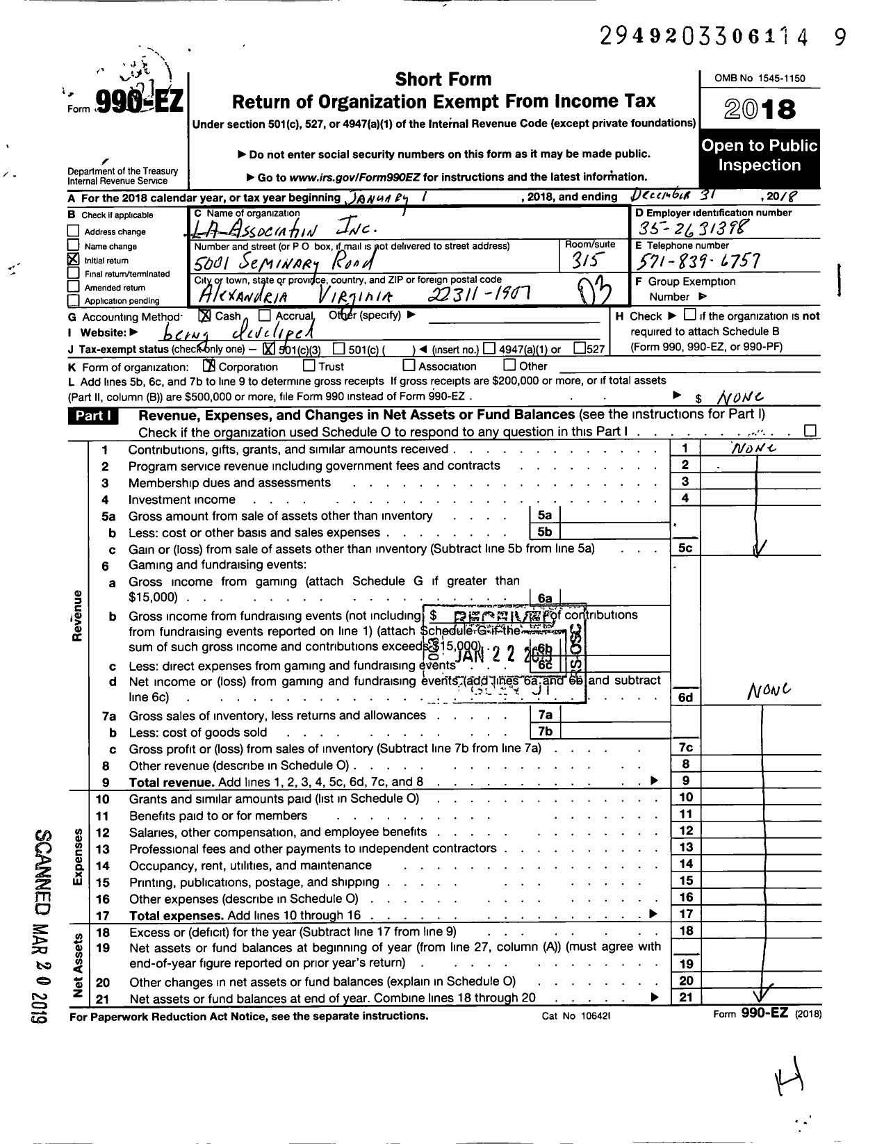 Image of first page of 2018 Form 990EZ for La Association