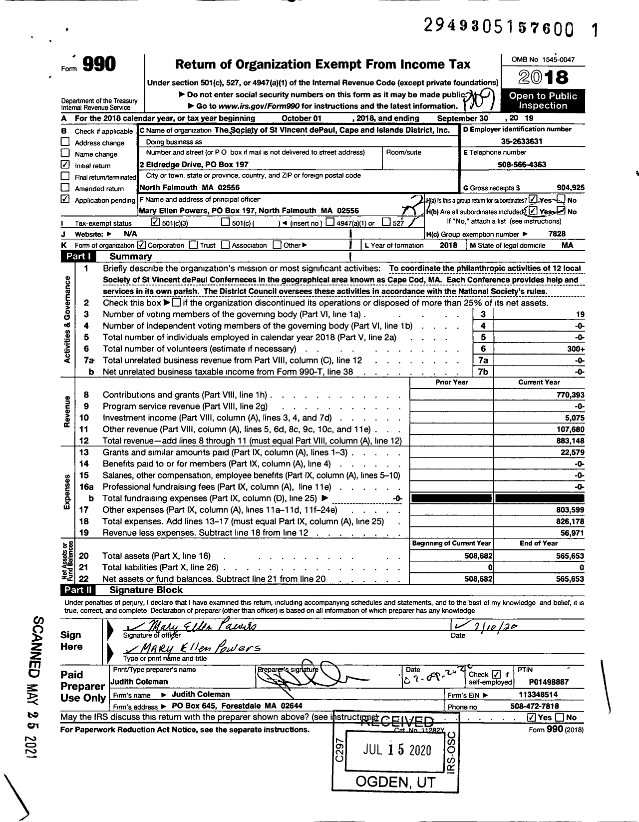 Image of first page of 2018 Form 990 for Society of St Vincent dePaul Cape and Islands District