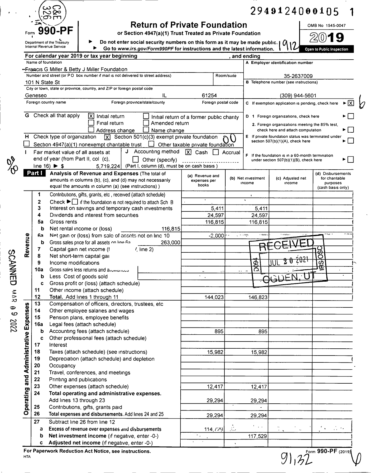 Image of first page of 2019 Form 990PF for Francis G Miller & Betty J Miller Foundation