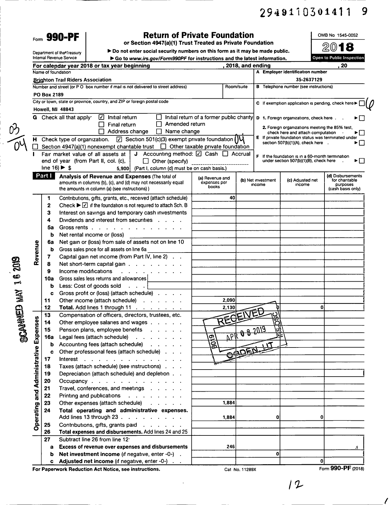 Image of first page of 2018 Form 990PF for Brighton Trail Riders Association