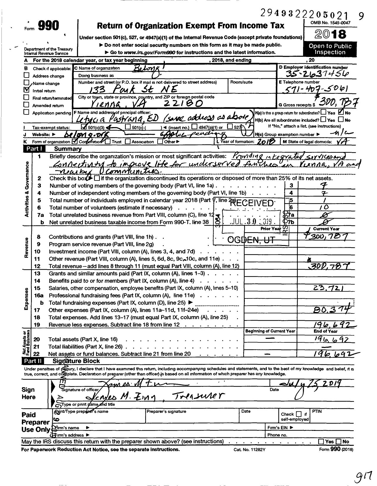 Image of first page of 2018 Form 990 for Belong