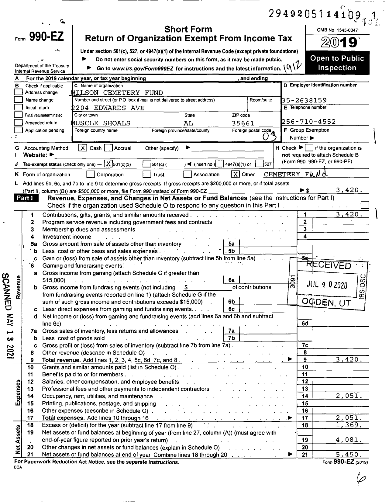 Image of first page of 2019 Form 990EZ for Wilson Cemetery Fund