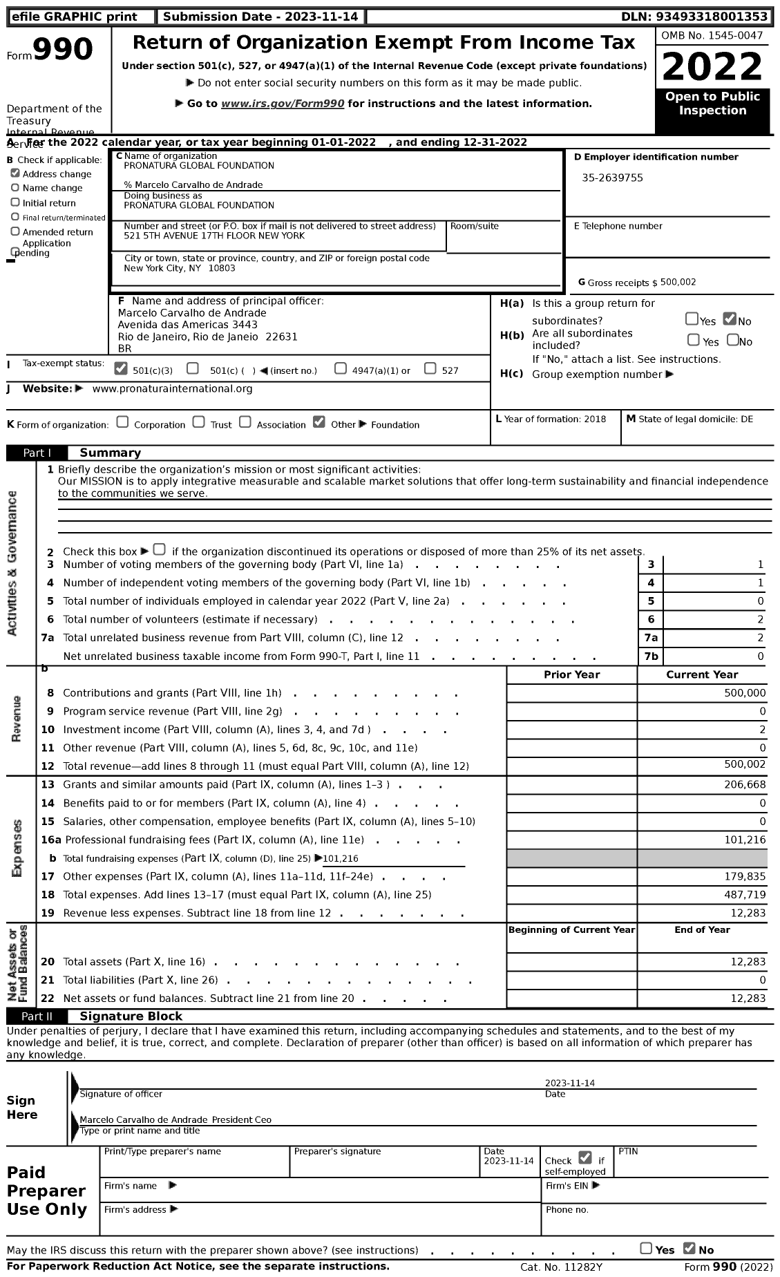 Image of first page of 2022 Form 990 for Pronatura Global Foundation