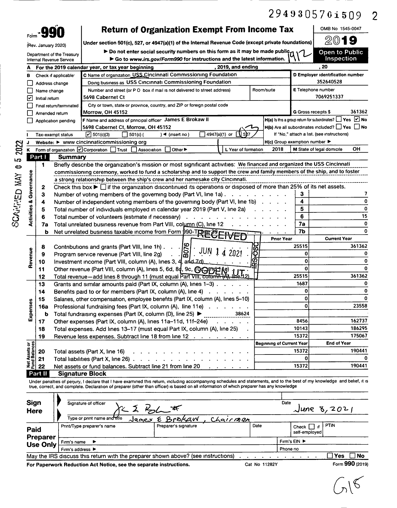 Image of first page of 2019 Form 990 for Uss Cincinnati Commissioning Foundation