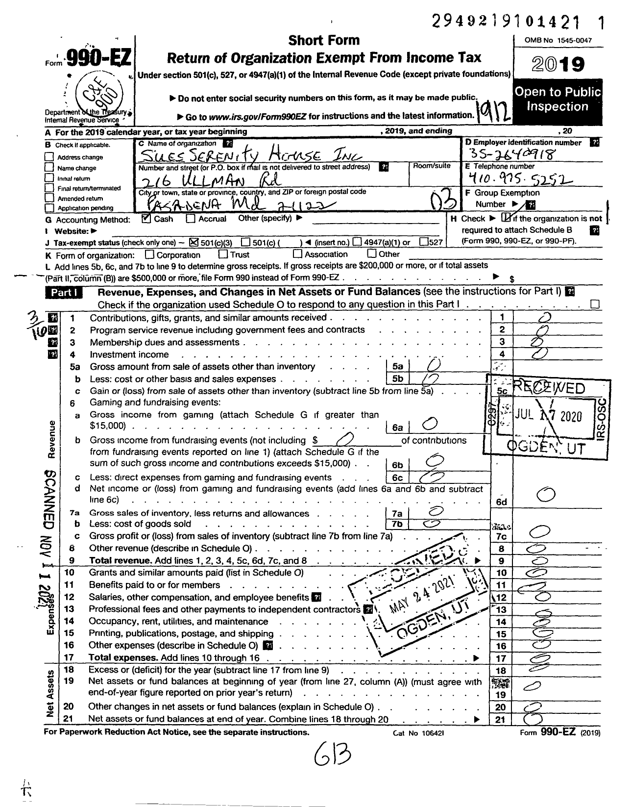 Image of first page of 2019 Form 990EZ for Sues Serenity House