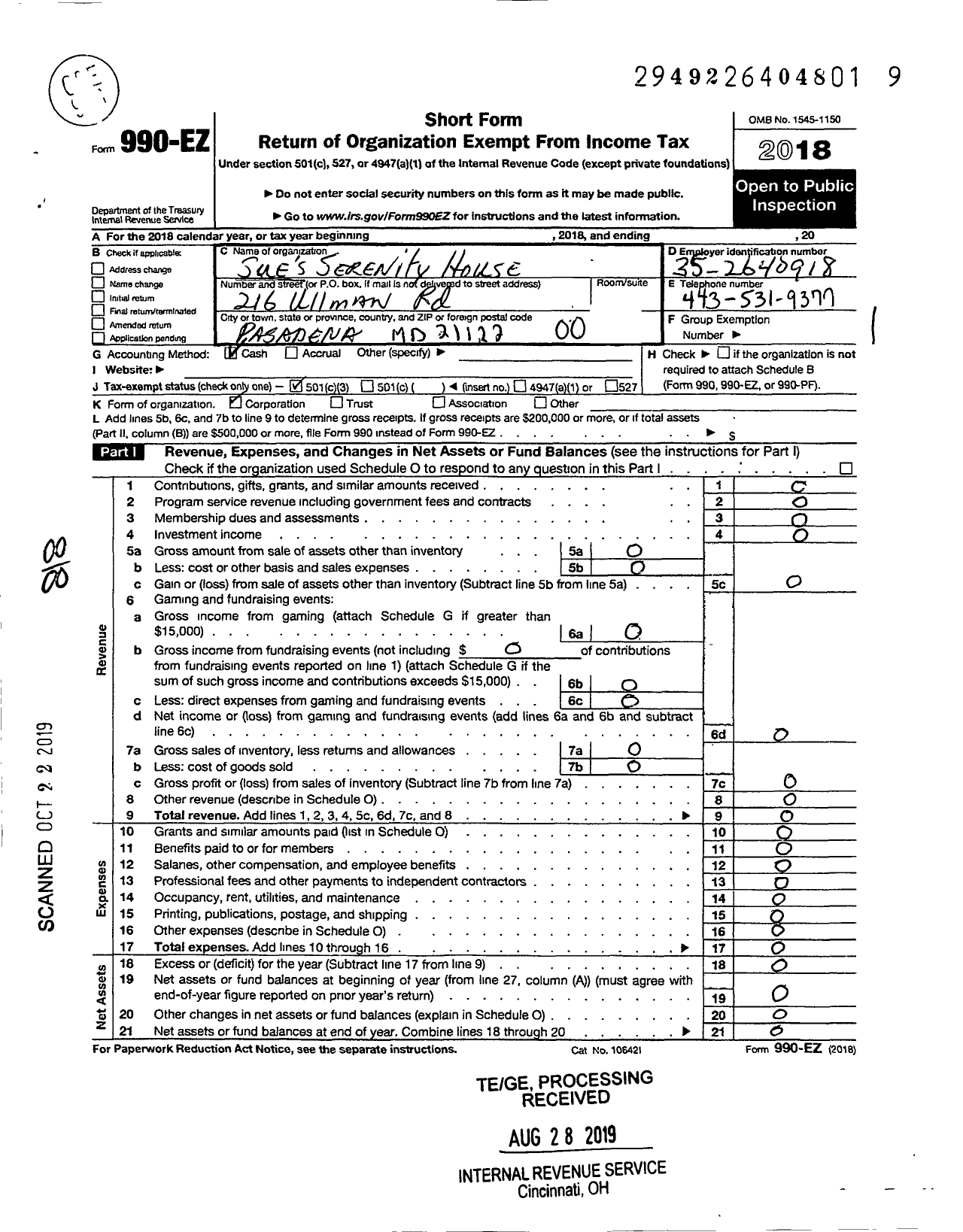 Image of first page of 2018 Form 990EO for Sues Serenity House