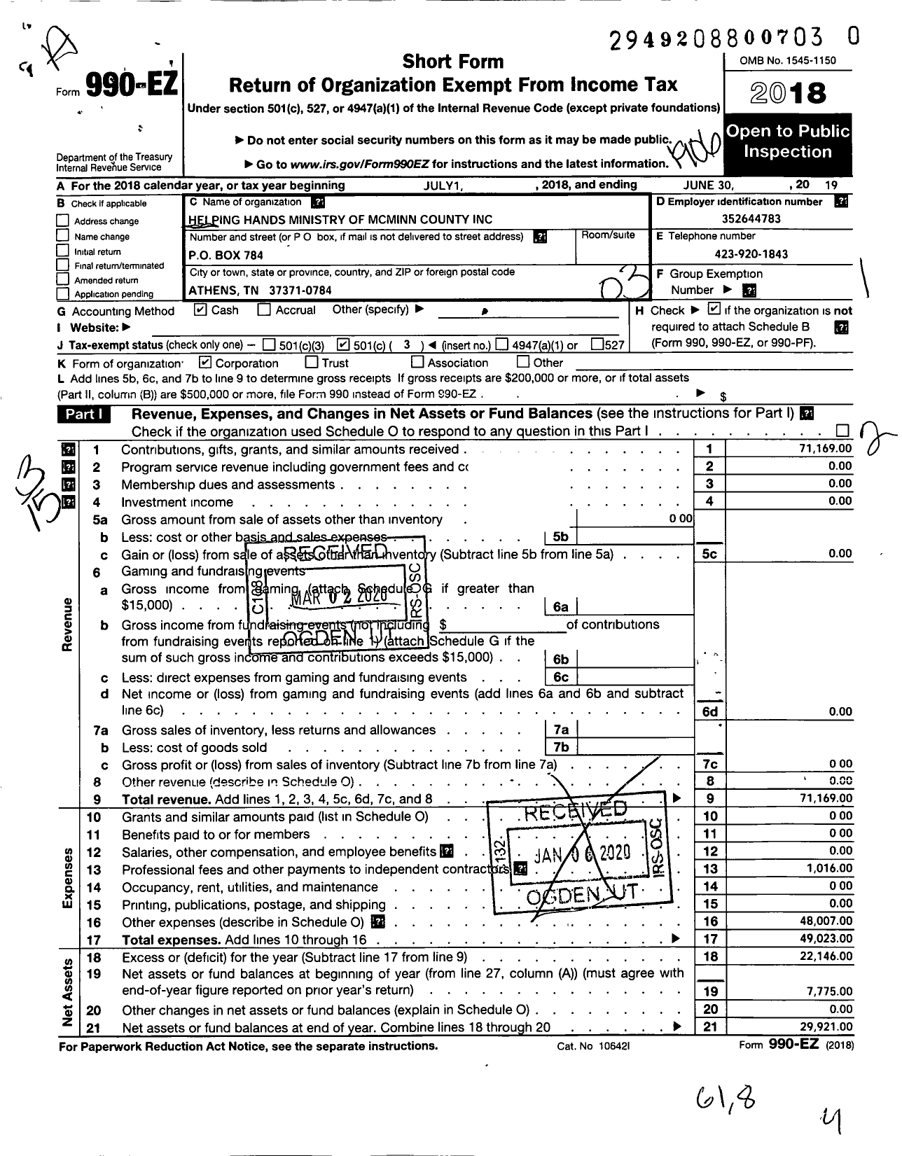 Image of first page of 2018 Form 990EZ for Helping Hands Ministry of Mcminn County