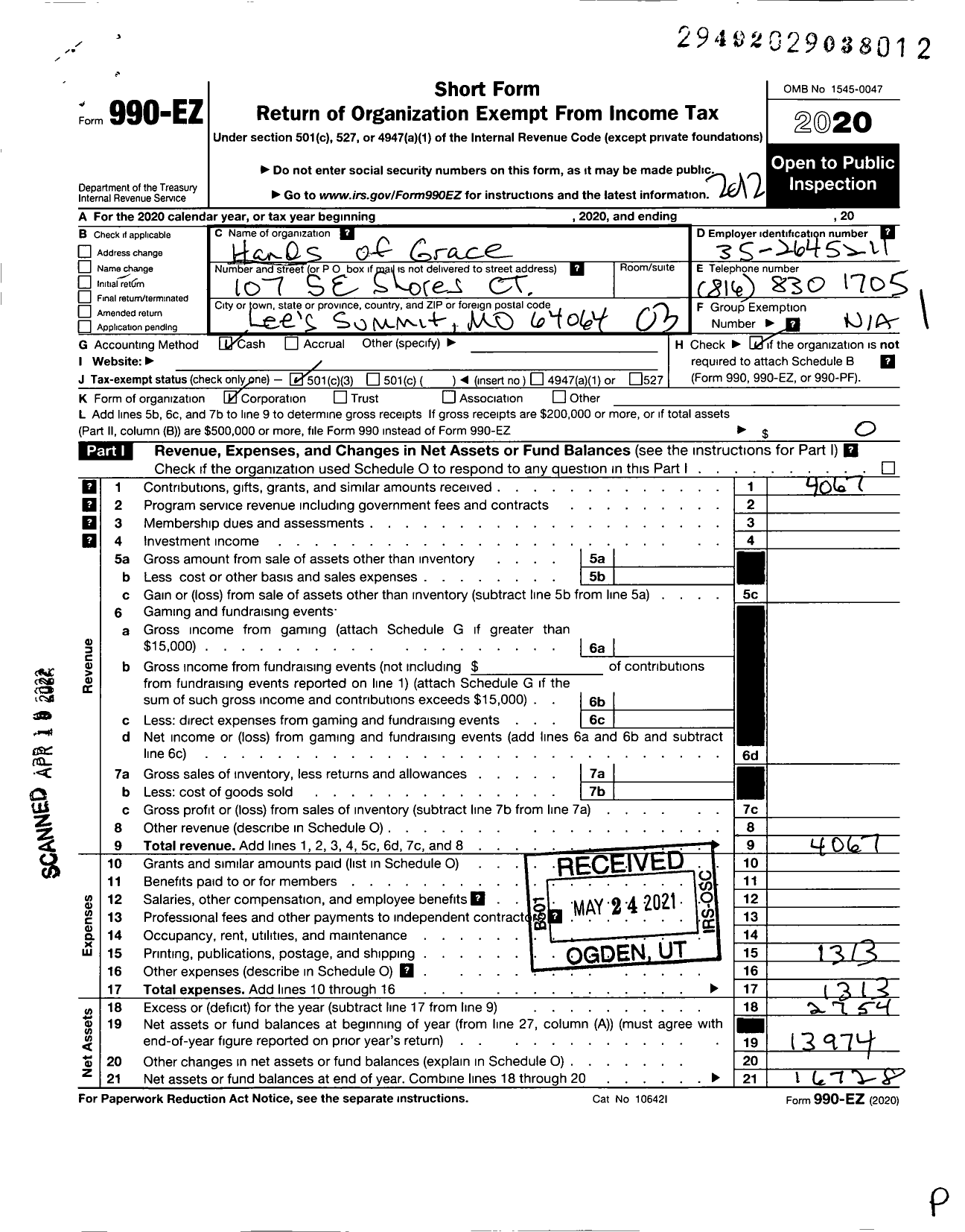 Image of first page of 2020 Form 990EZ for Hands of Grace