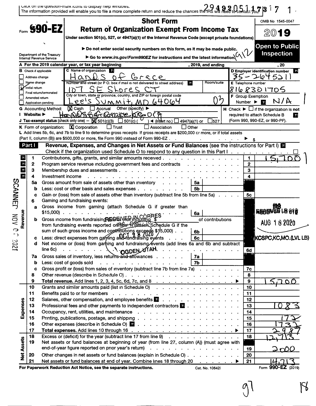 Image of first page of 2019 Form 990EZ for Hands of Grace