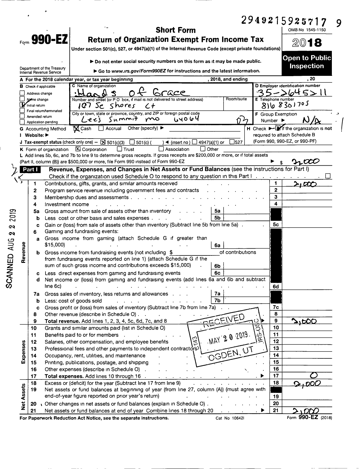 Image of first page of 2018 Form 990EZ for Hands of Grace