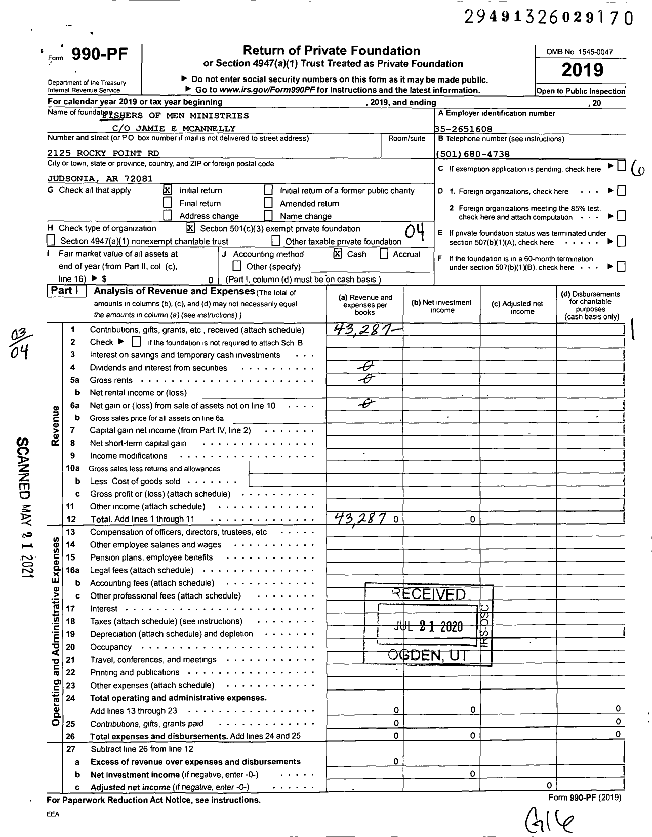 Image of first page of 2019 Form 990PF for Fishers of Men Ministries