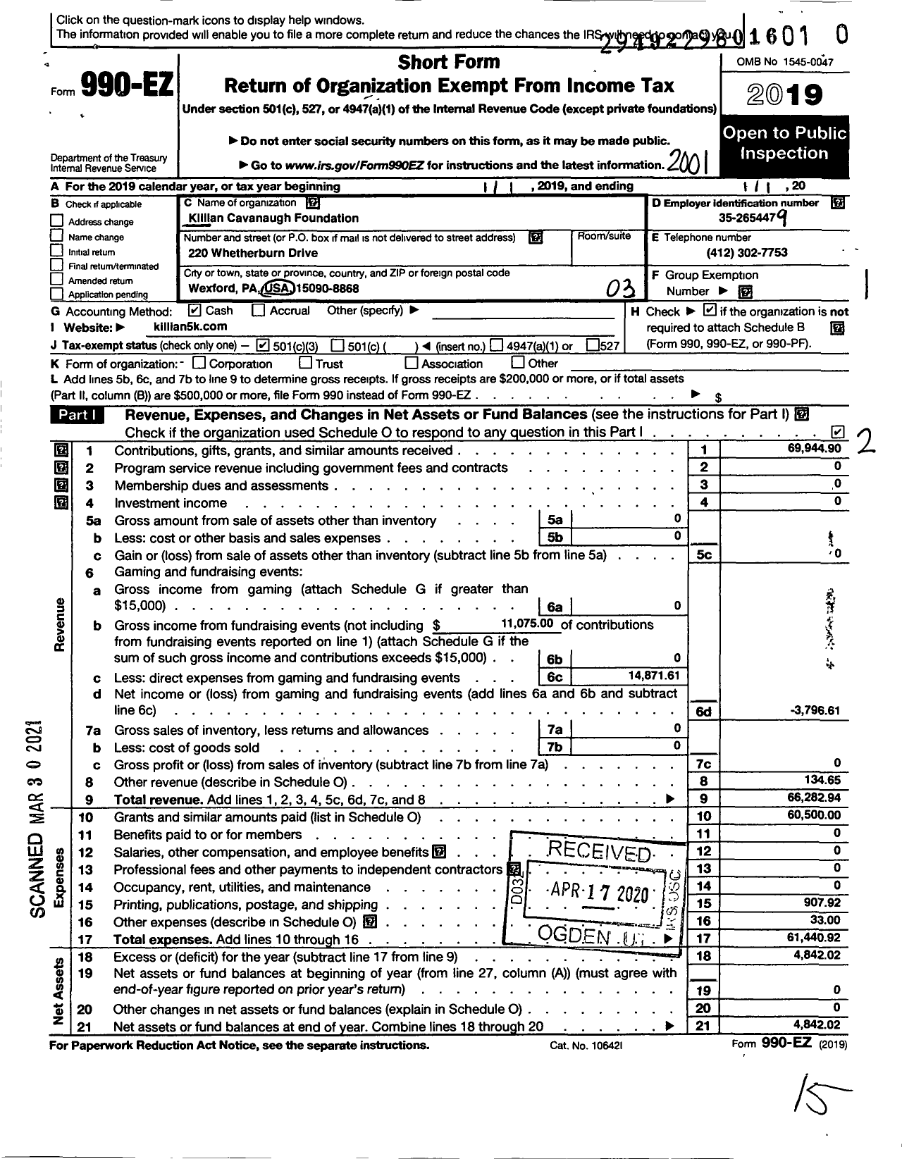 Image of first page of 2019 Form 990EZ for Killian Cavanaugh Foundation