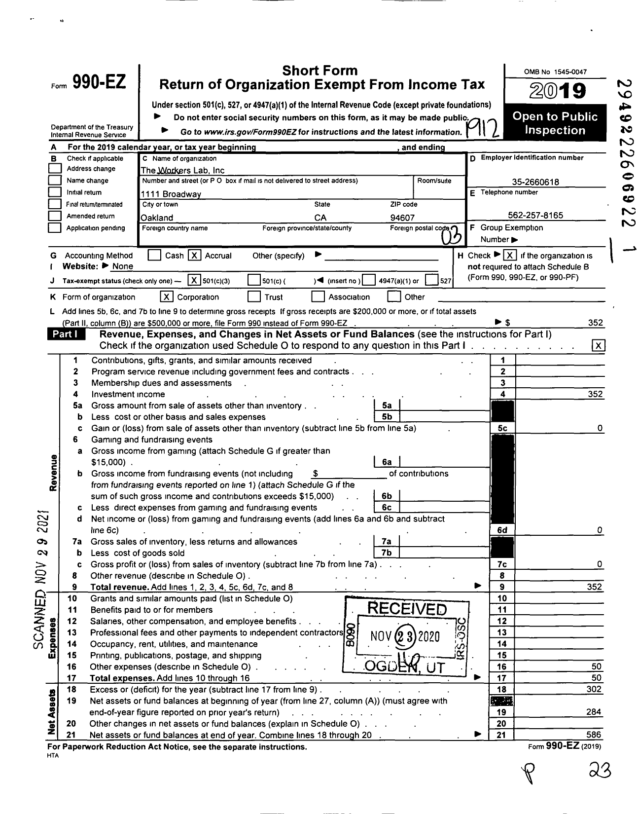 Image of first page of 2019 Form 990EZ for The Workers Lab