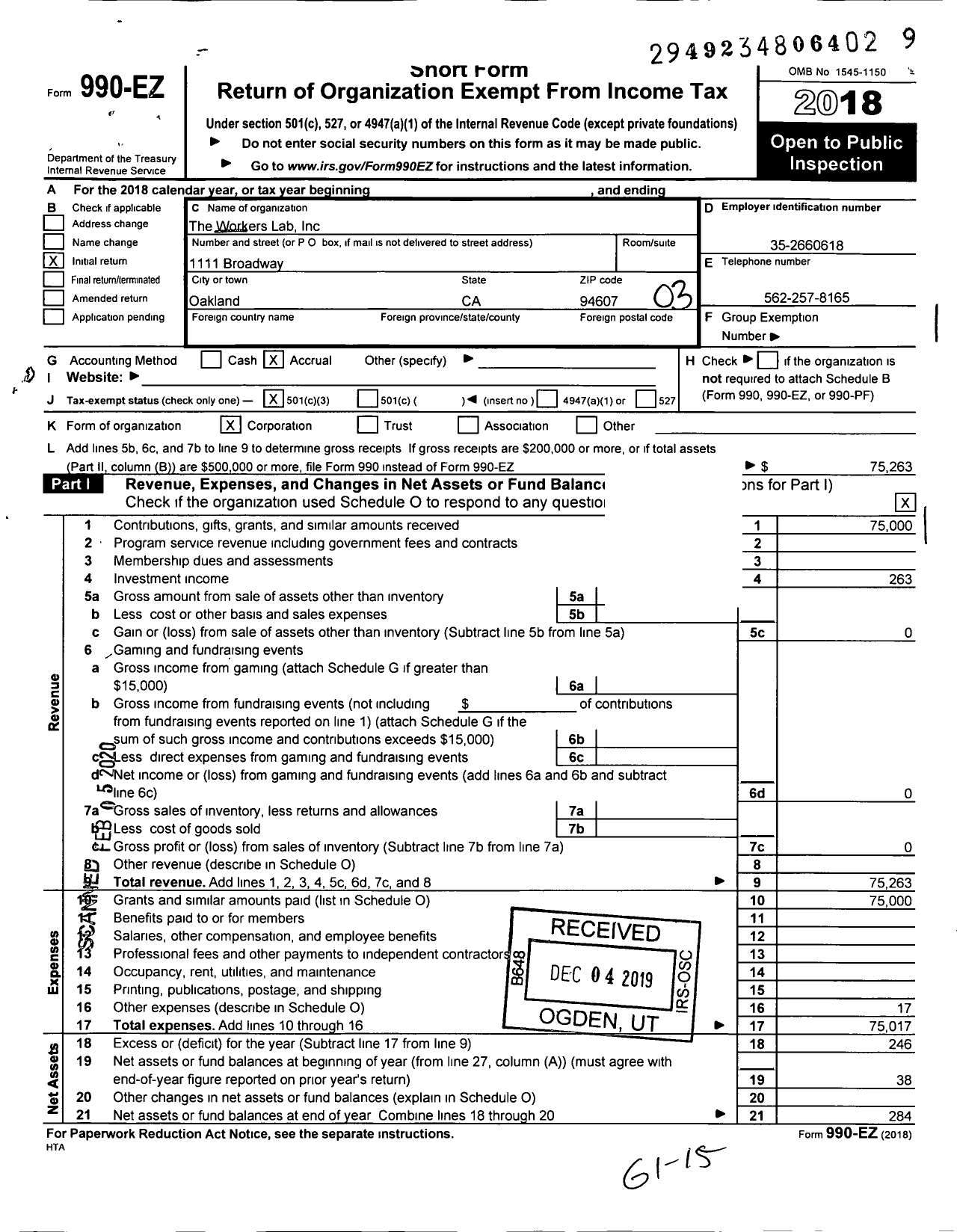 Image of first page of 2018 Form 990EZ for The Workers Lab