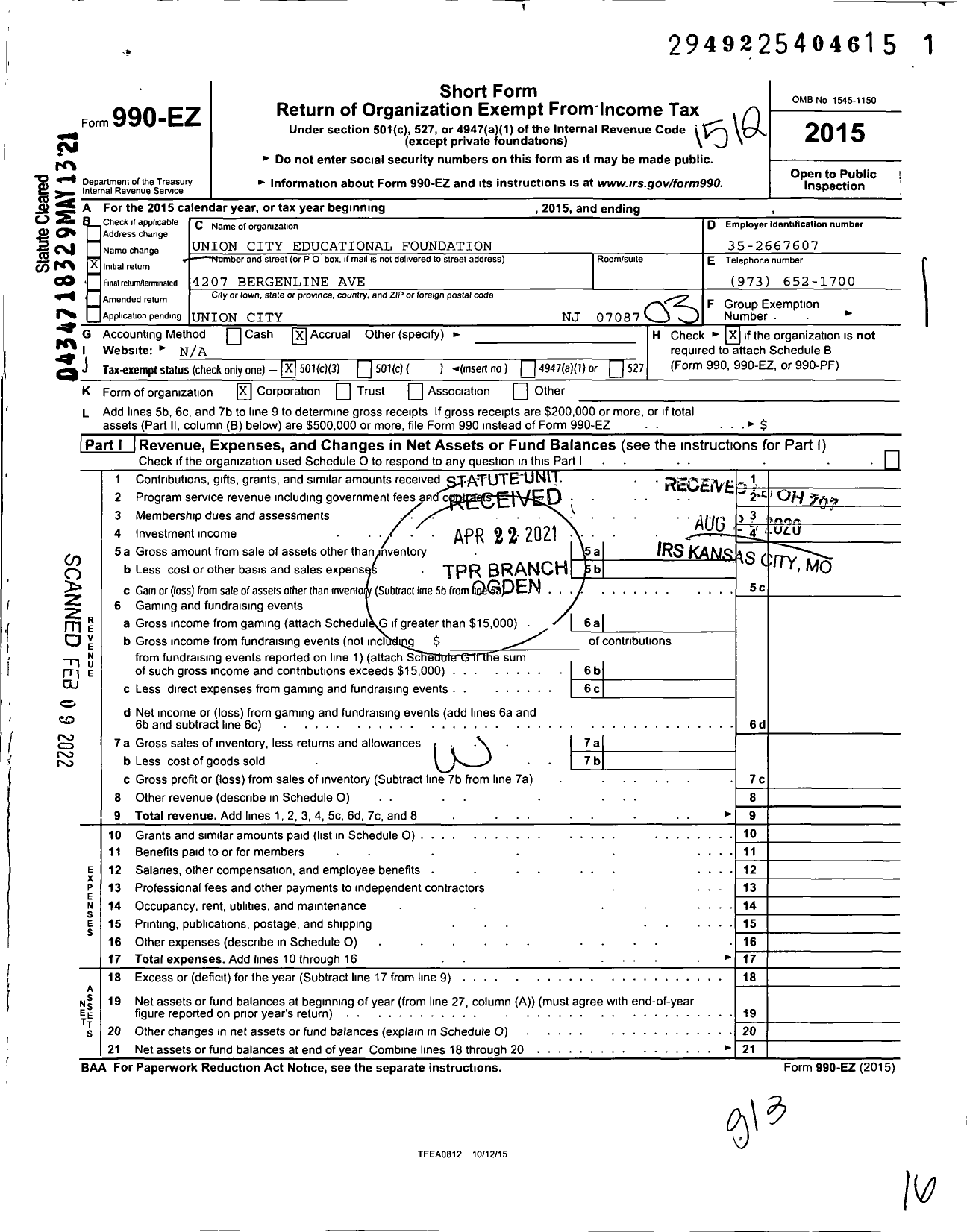 Image of first page of 2015 Form 990EZ for Union City Educational Foundation