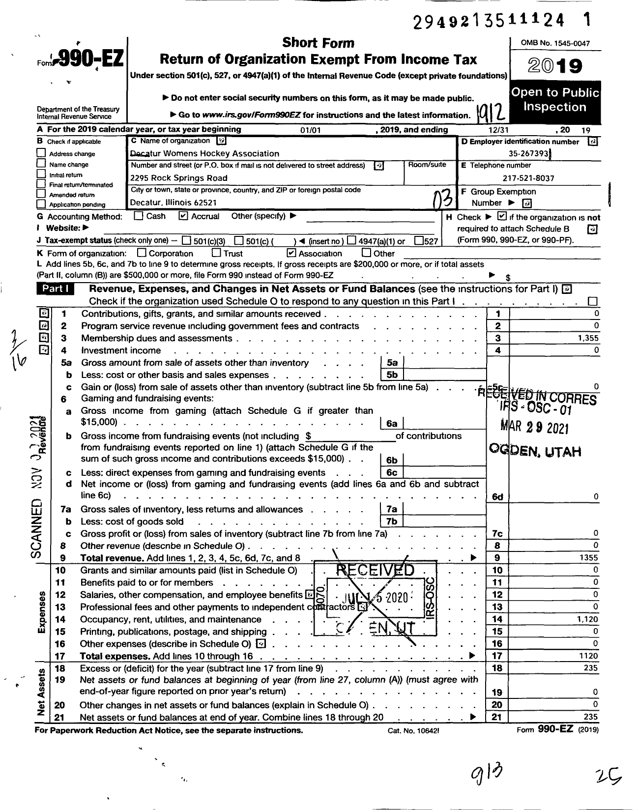 Image of first page of 2019 Form 990EZ for Decatur Womens Hockey Association