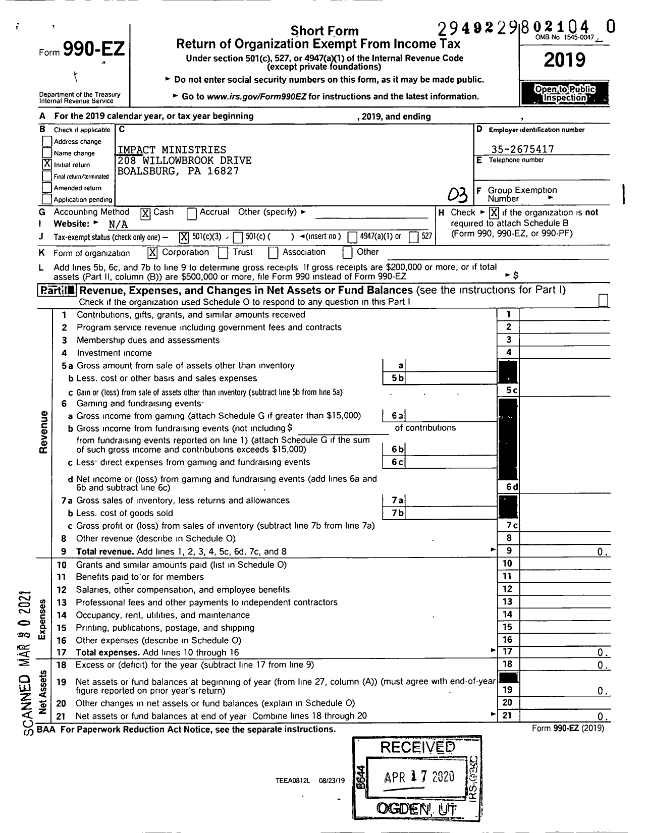 Image of first page of 2019 Form 990EZ for Impact Ministries