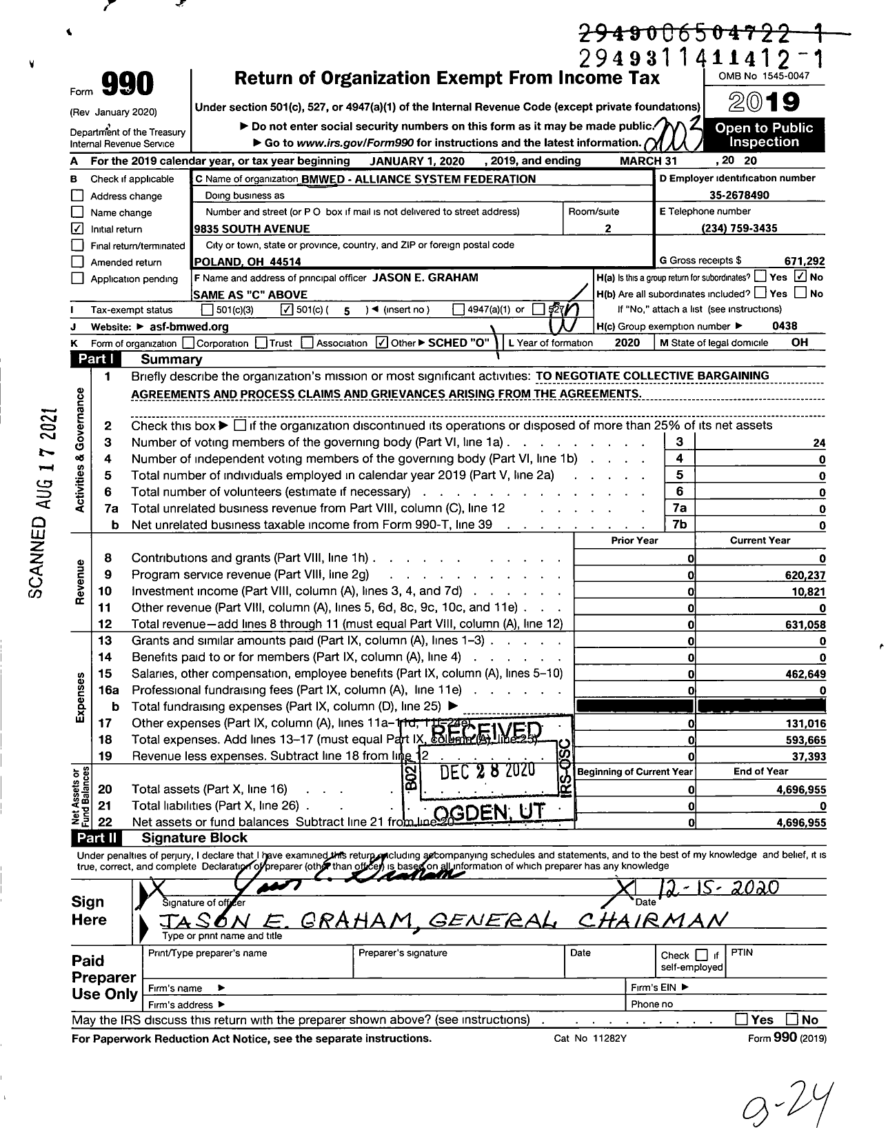 Image of first page of 2019 Form 990O for Brotherhood of Maintenance of Way Employes - Bmwed Alliance System Federation