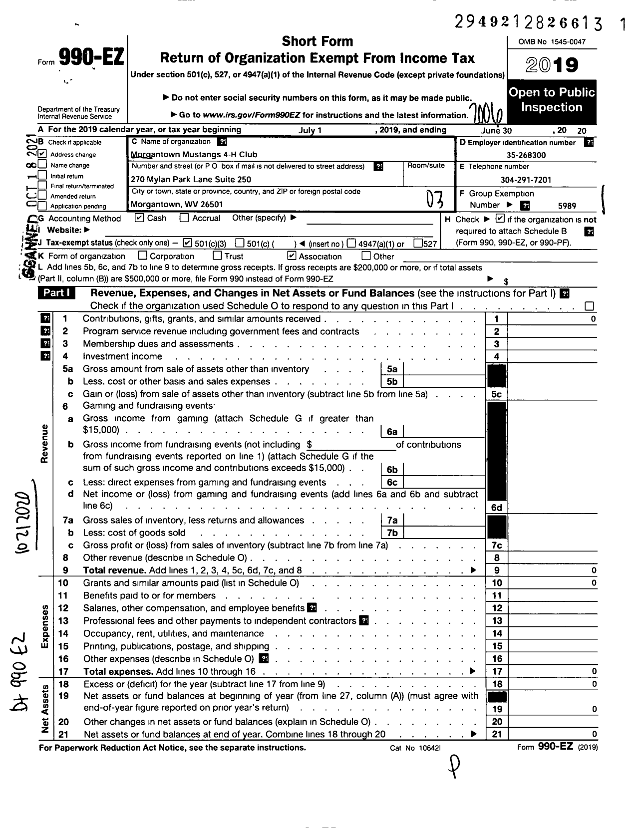 Image of first page of 2019 Form 990EZ for State of West Virginia West Virginia University - Morgantown Mustangs 4 H Club