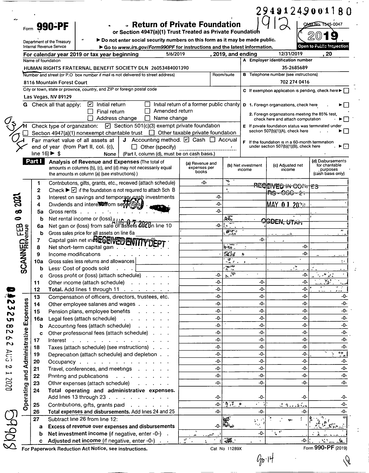 Image of first page of 2019 Form 990PF for Human Rights Fraternal Benefit Society