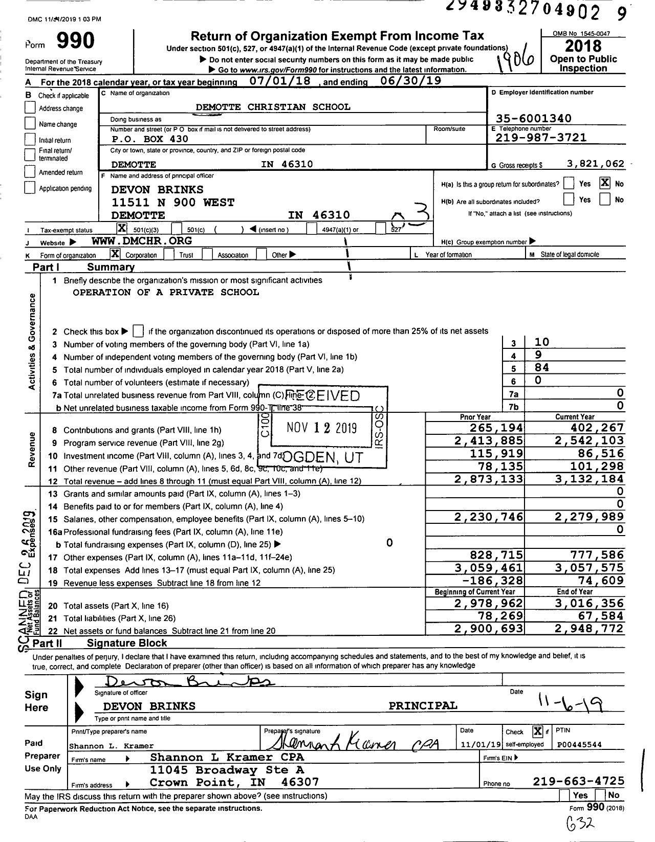 Image of first page of 2018 Form 990 for DeMotte Christian School (DMC)