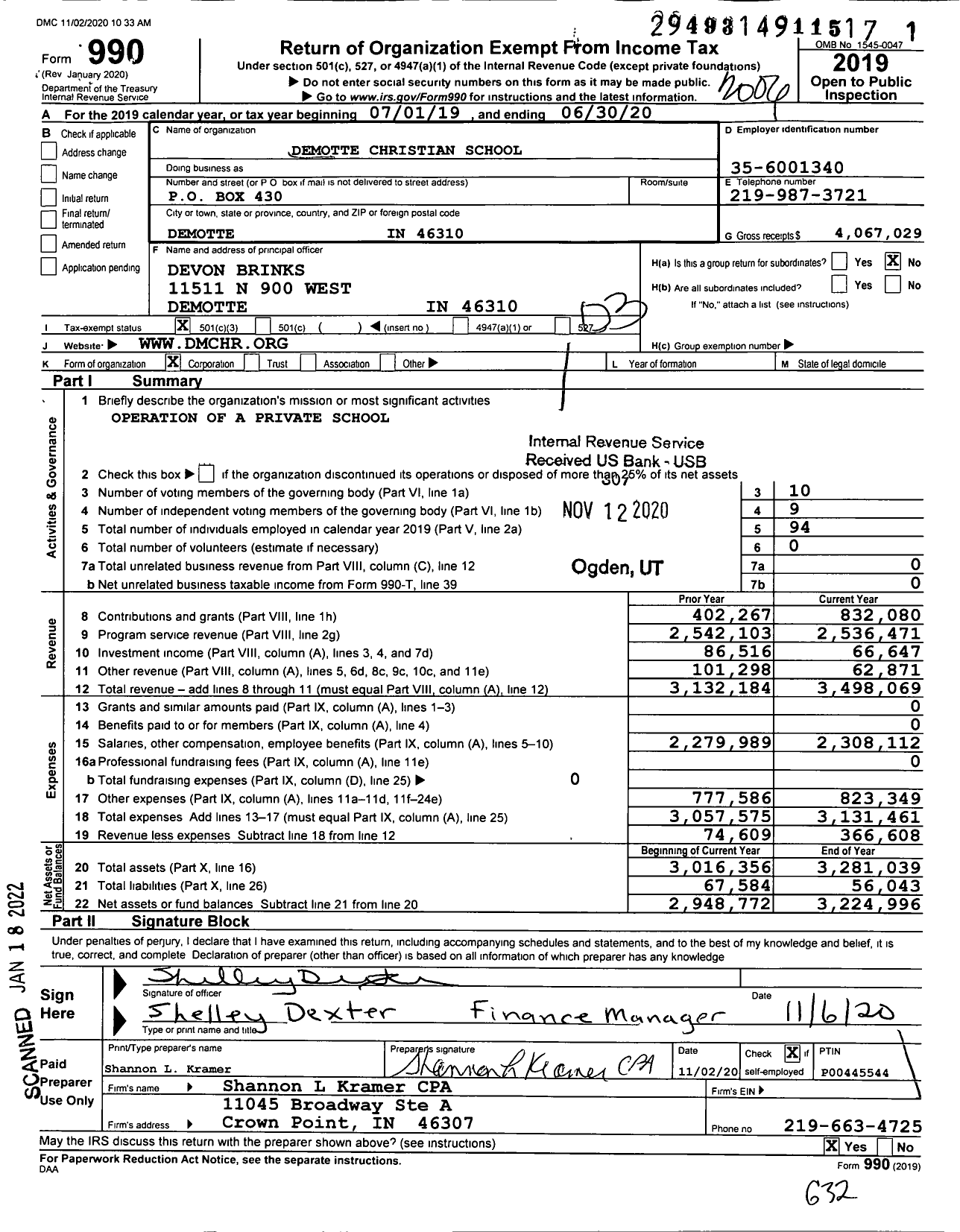 Image of first page of 2019 Form 990 for DeMotte Christian School (DMC)