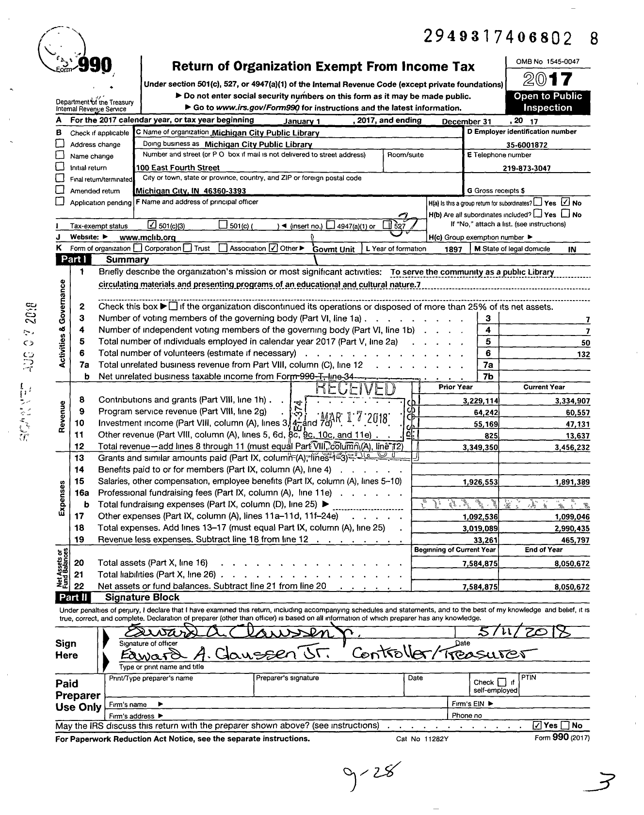 Image of first page of 2017 Form 990 for Michigan City Public Library