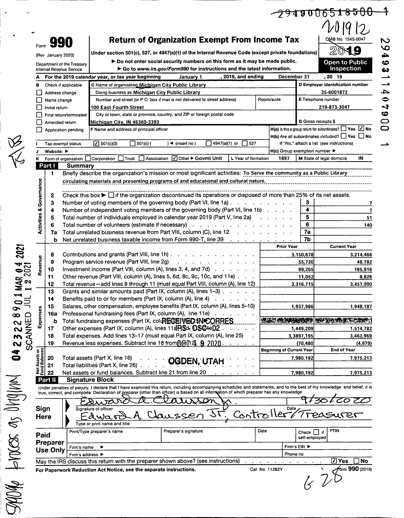 Image of first page of 2019 Form 990 for Michigan City Public Library