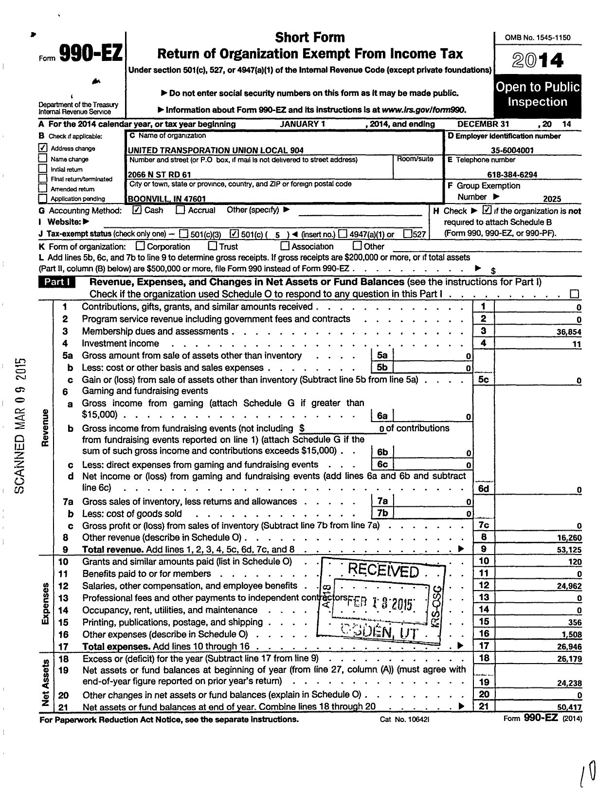 Image of first page of 2014 Form 990EO for Smart Union - 904 TD