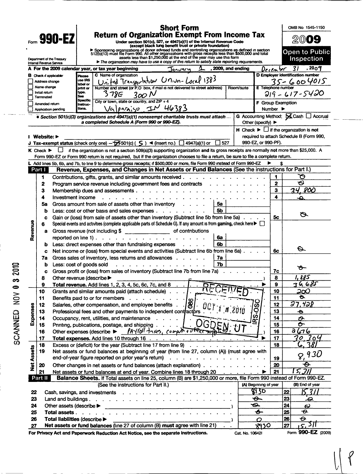 Image of first page of 2009 Form 990EO for Smart Union - 1383 TD