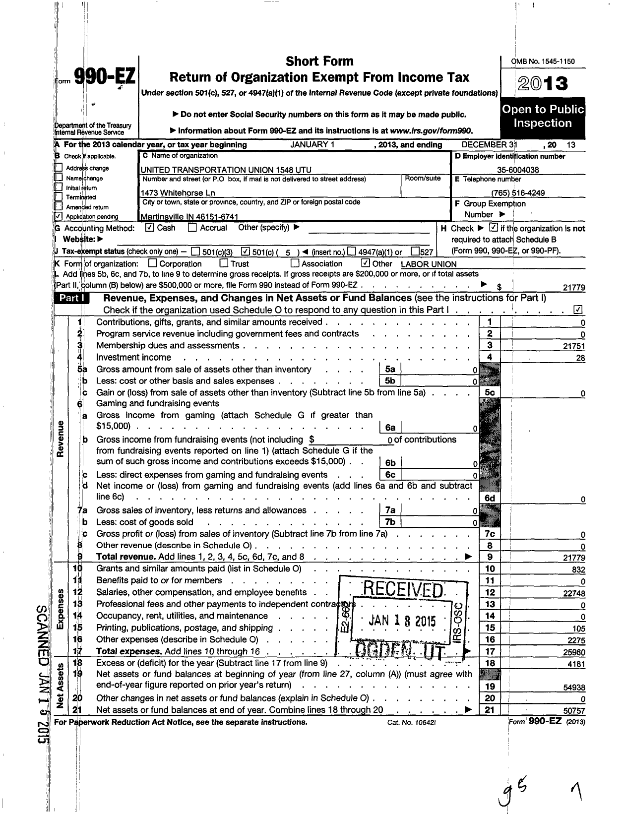 Image of first page of 2013 Form 990EO for Smart Union - 1548 TD
