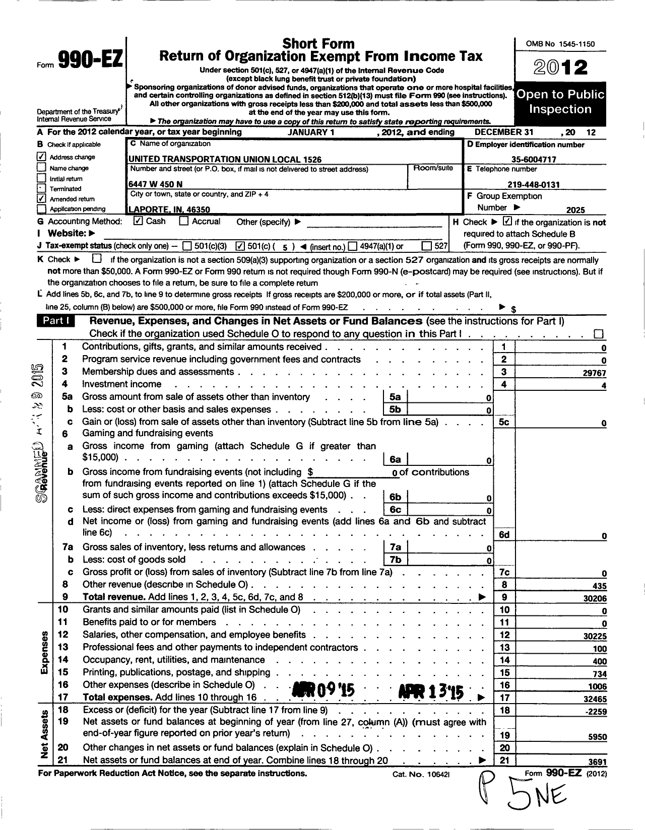 Image of first page of 2012 Form 990EO for Smart Union - 1526 TD