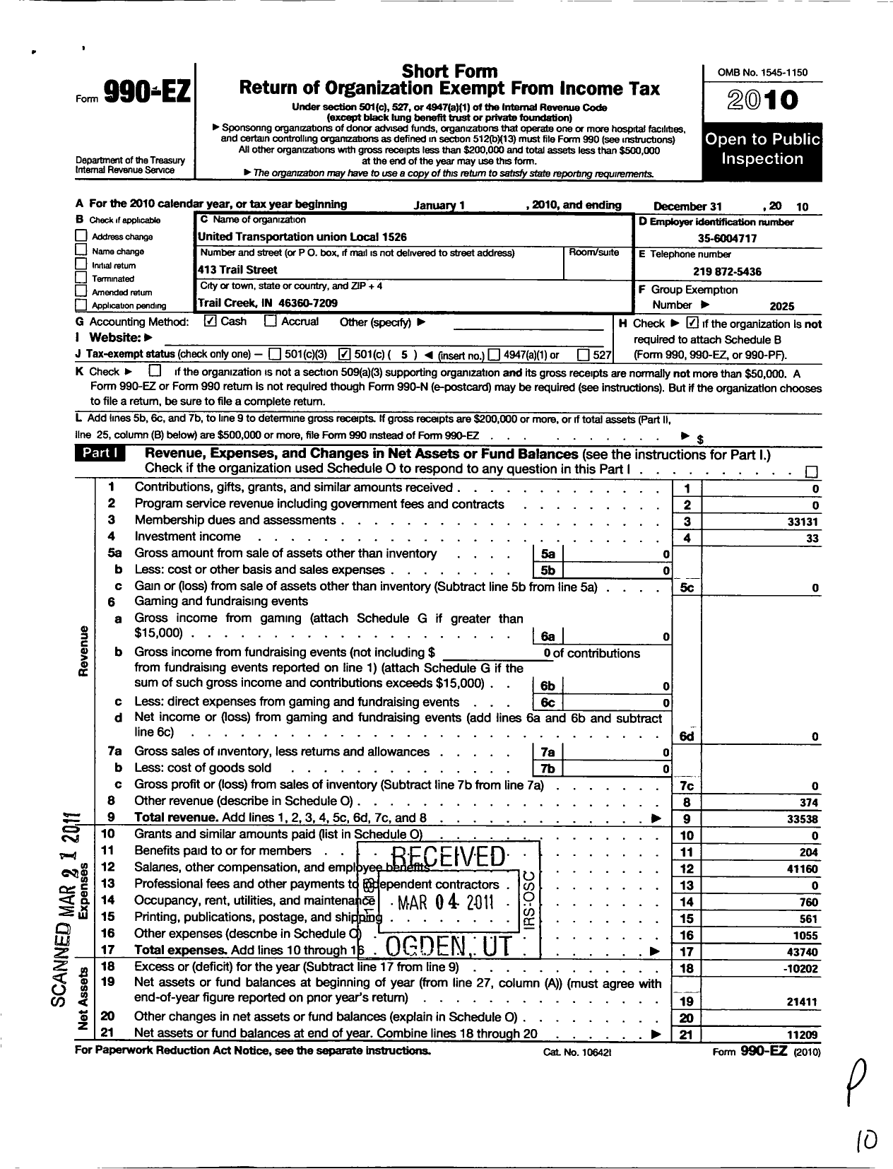 Image of first page of 2010 Form 990EO for Smart Union - 1526 TD