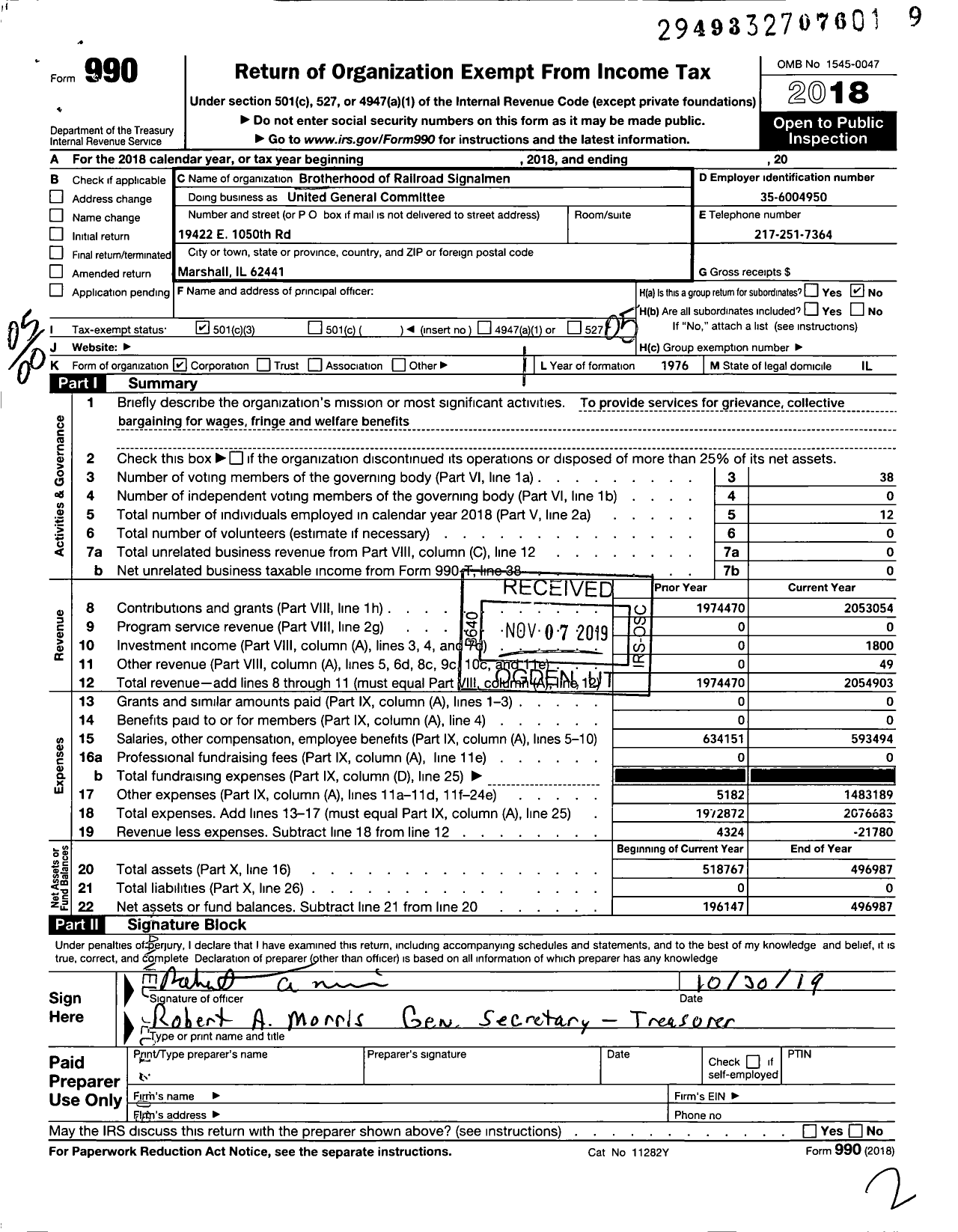 Image of first page of 2018 Form 990O for Brotherhood of Railroad Signalmen - United General Committee