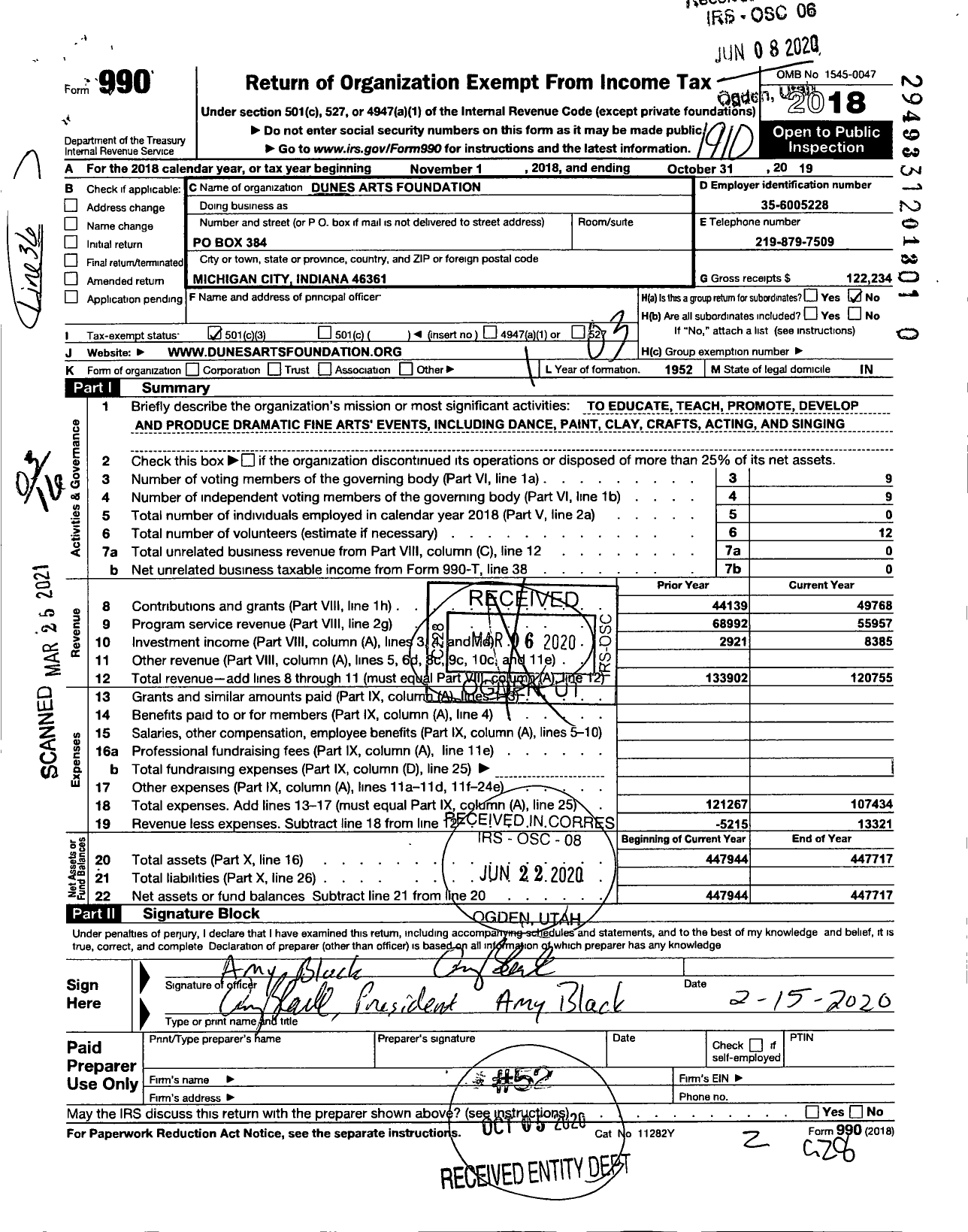 Image of first page of 2018 Form 990 for Dunes Art Foundation