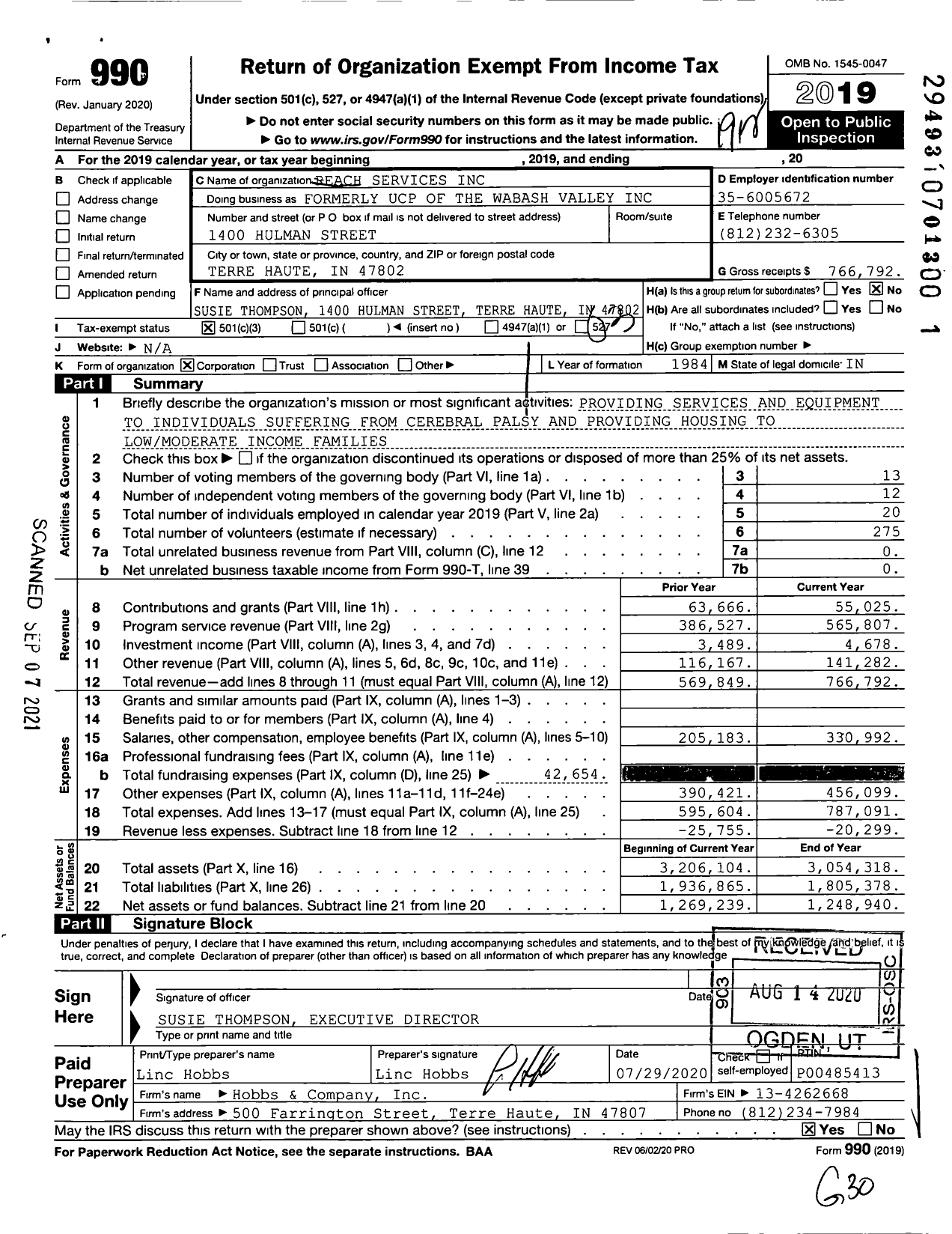 Image of first page of 2019 Form 990 for Reach Services / The Wabash Valley