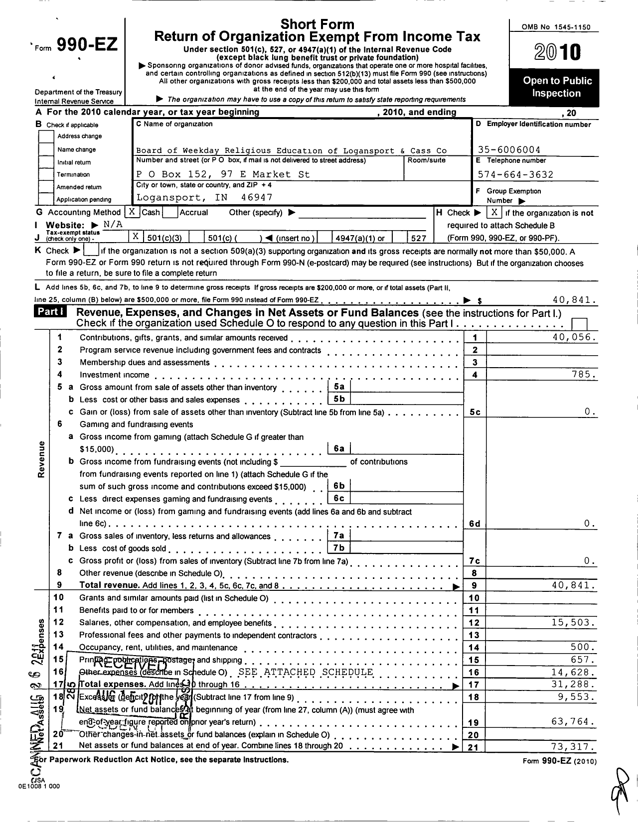 Image of first page of 2010 Form 990EZ for Board of Week Day Religious Education of Logansport and Cass