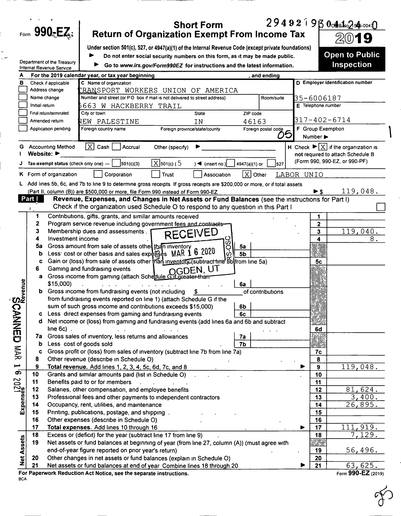 Image of first page of 2019 Form 990EO for Transport Workers Union - 2003 Local