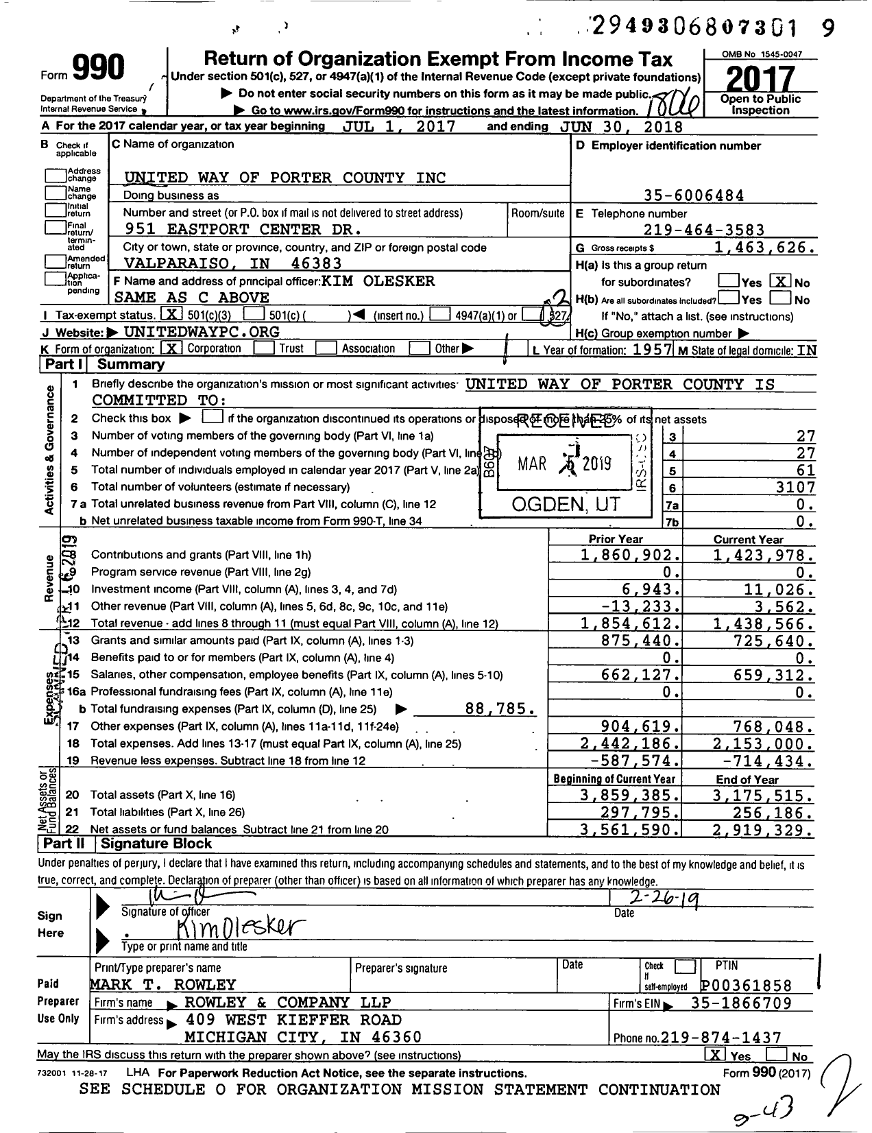 Image of first page of 2017 Form 990 for United Way of Northwest Indiana
