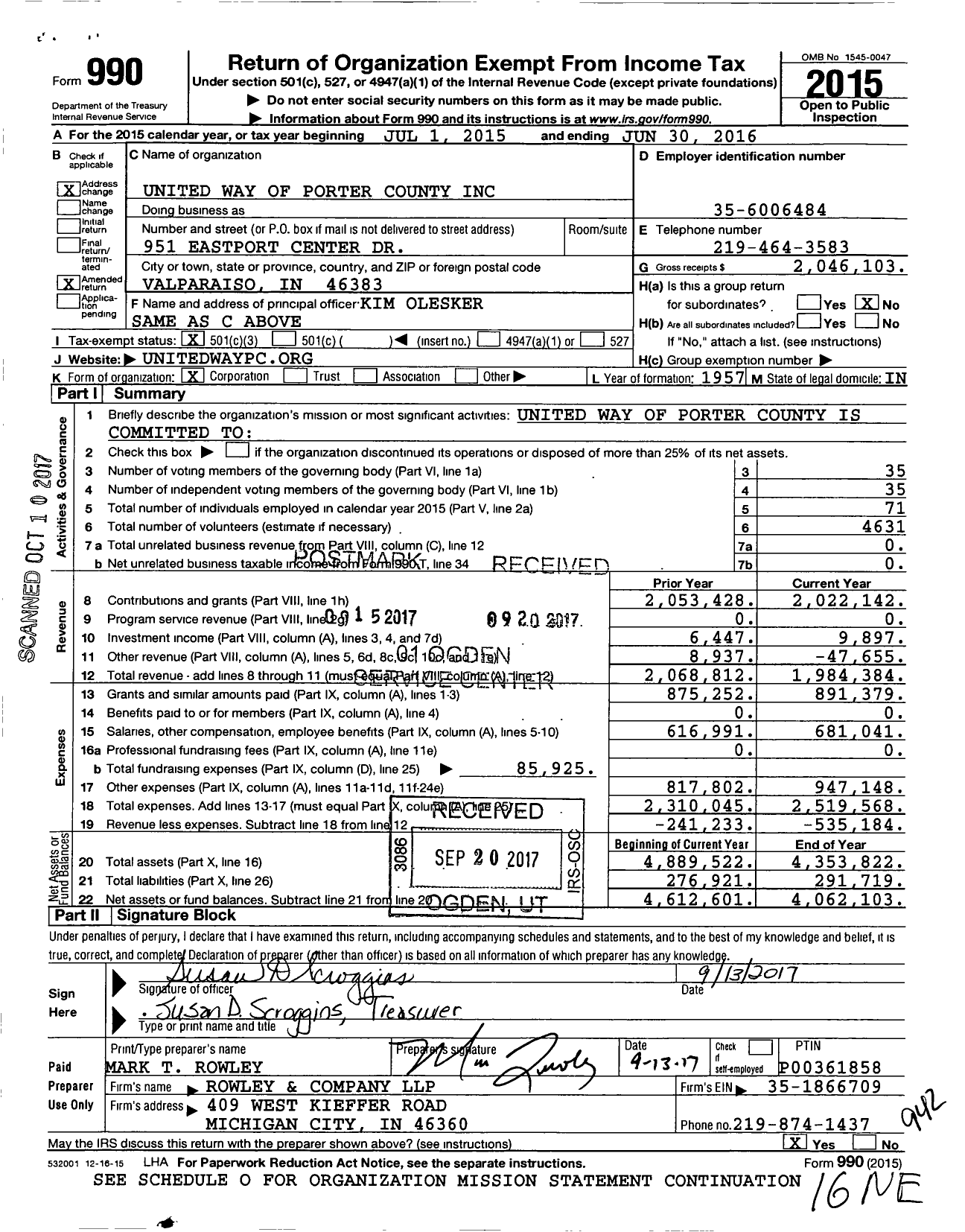 Image of first page of 2015 Form 990 for United Way of Northwest Indiana